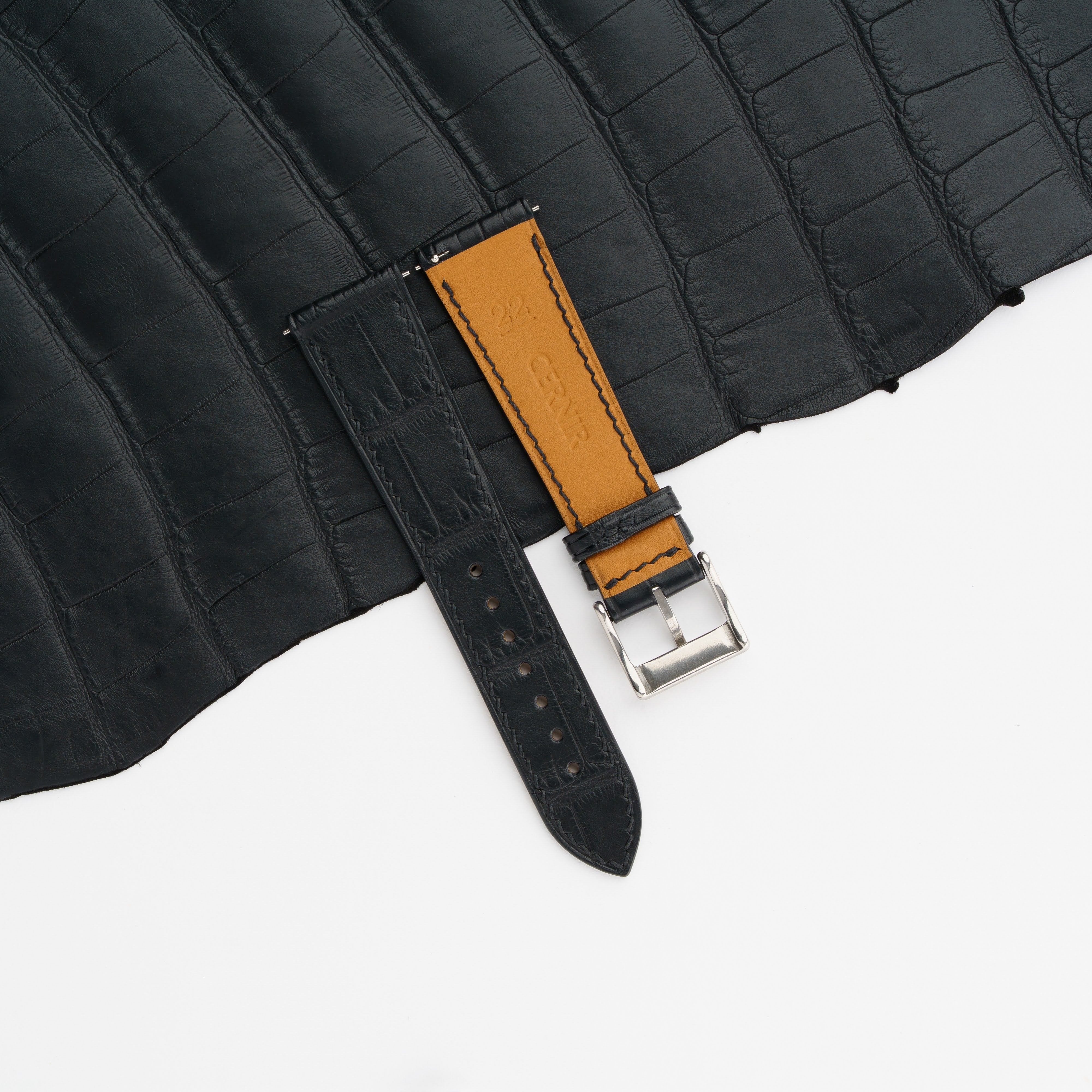 Black Alligator Leather Slim Watch Strap