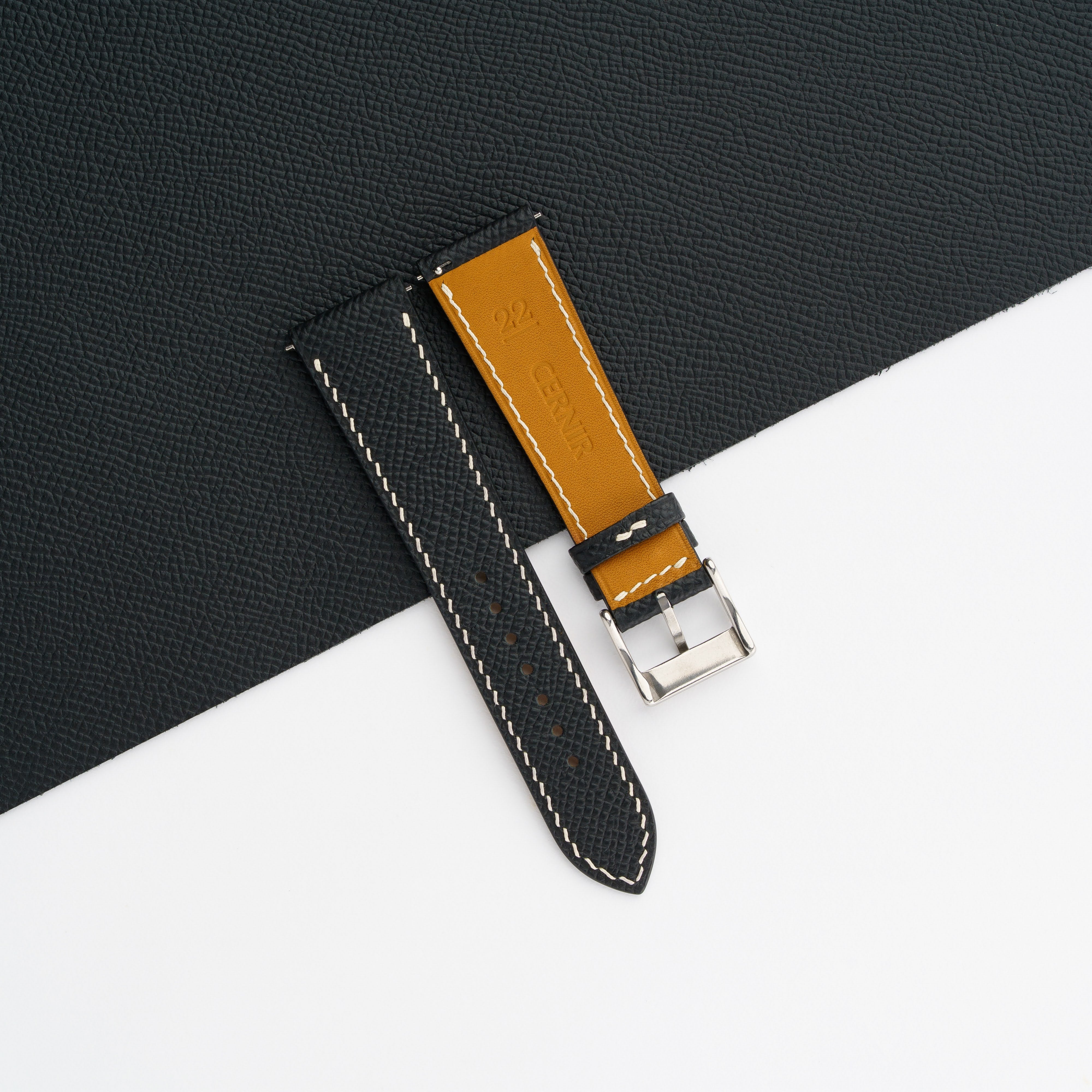 Black Epsom Leather Watch Strap - Slim - Cream Stitch