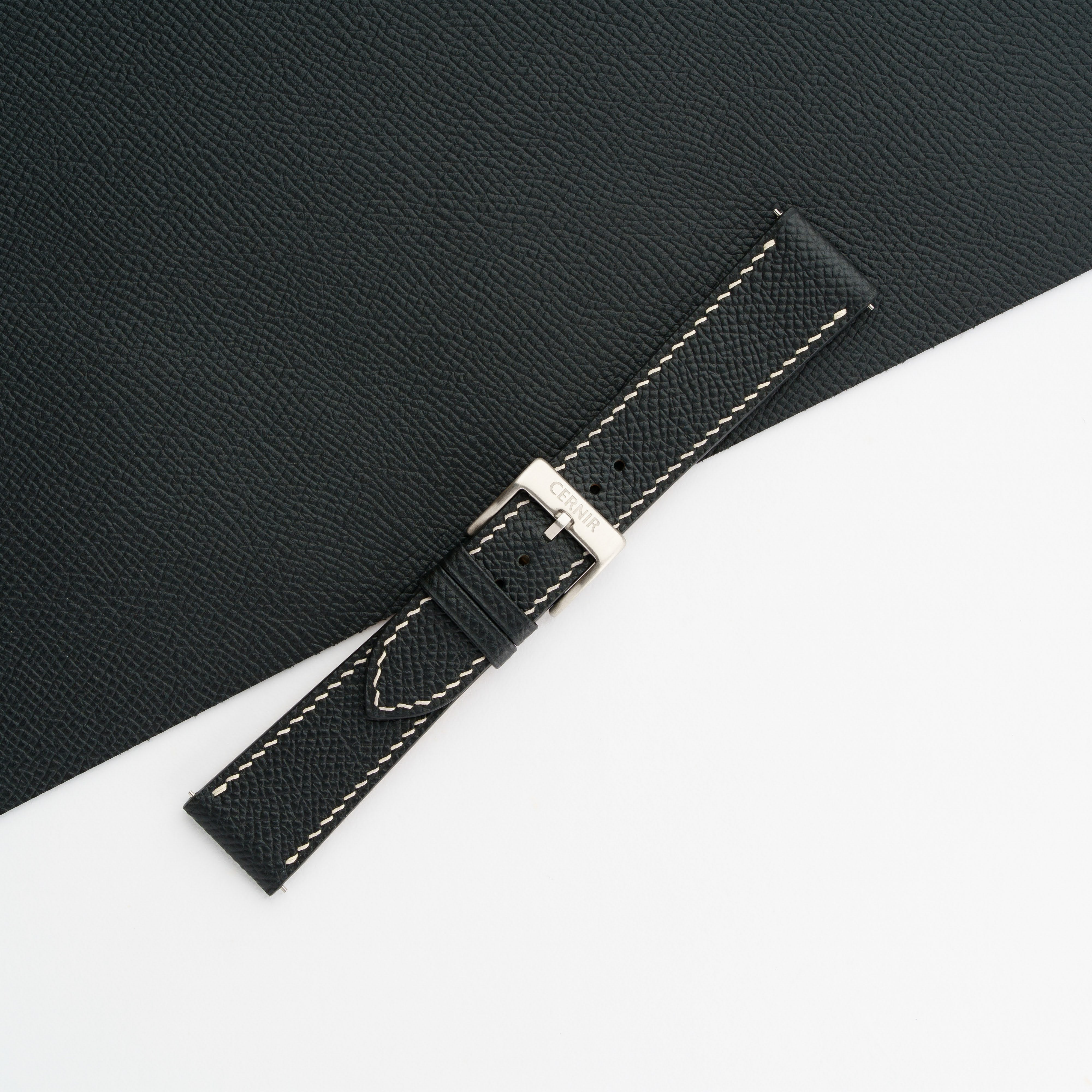 Black Epsom Leather Watch Strap - Slim - Cream Stitch