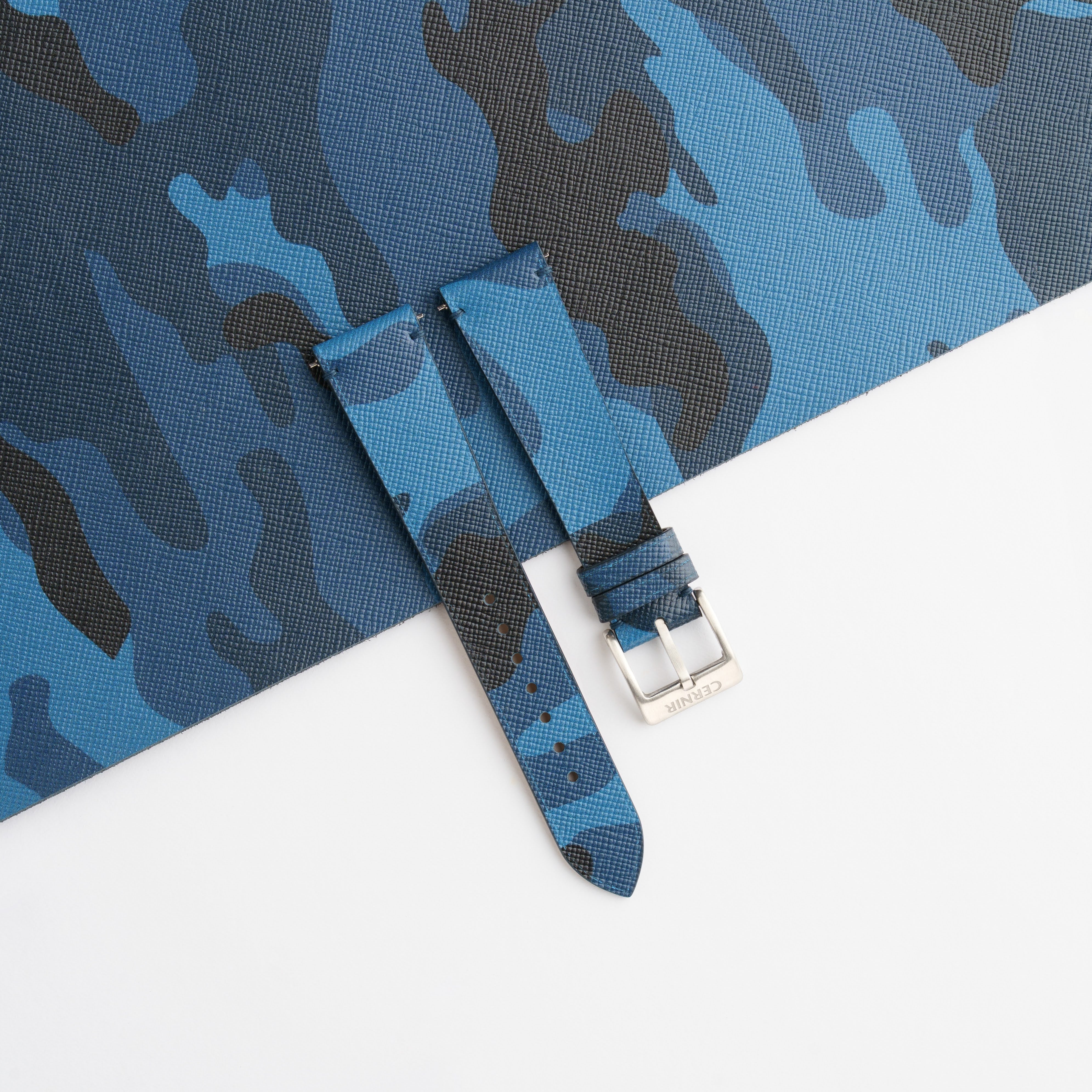 Blue Camo Saffiano Leather Stitchless Watch Strap