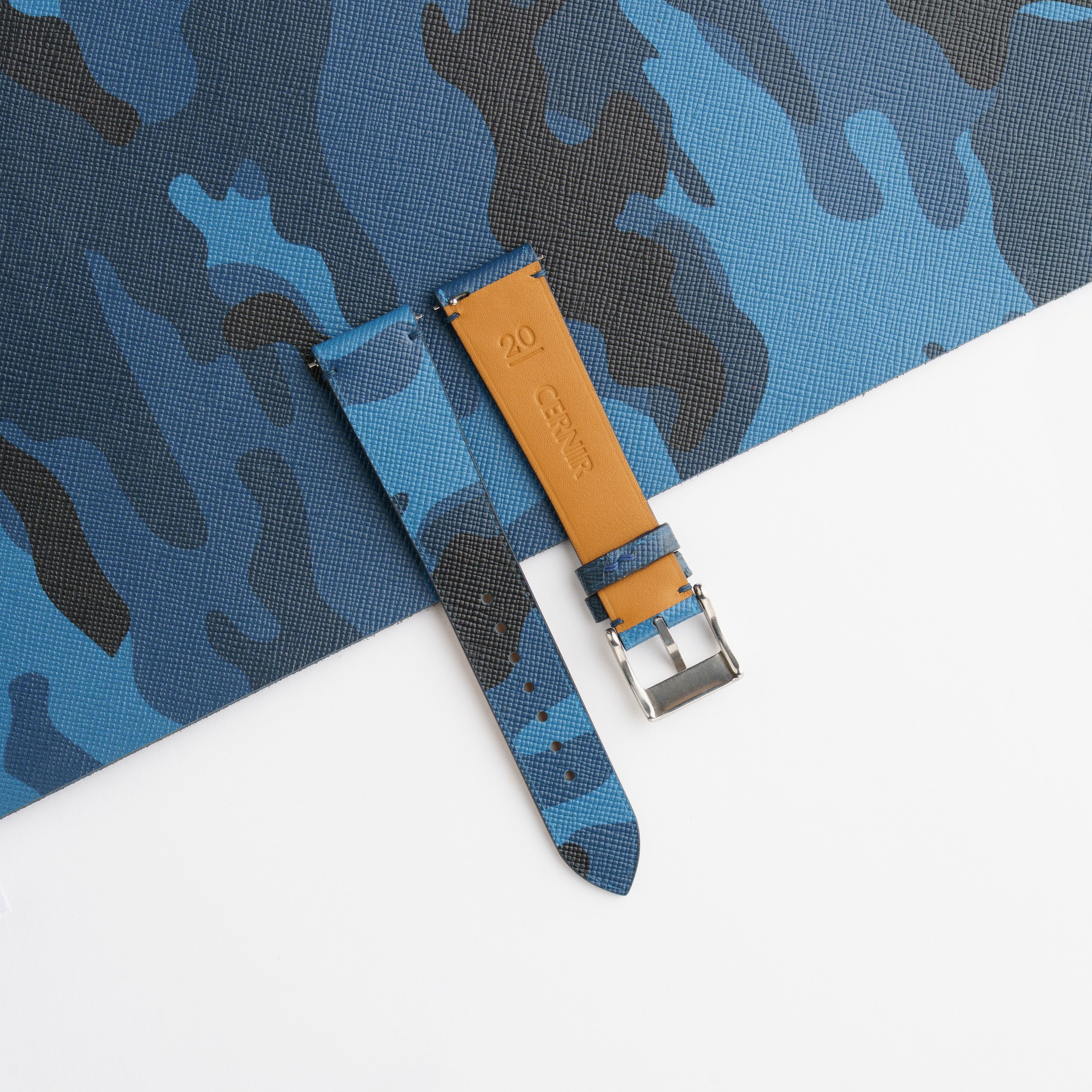 Blue Camo Saffiano Leather Stitchless Watch Strap