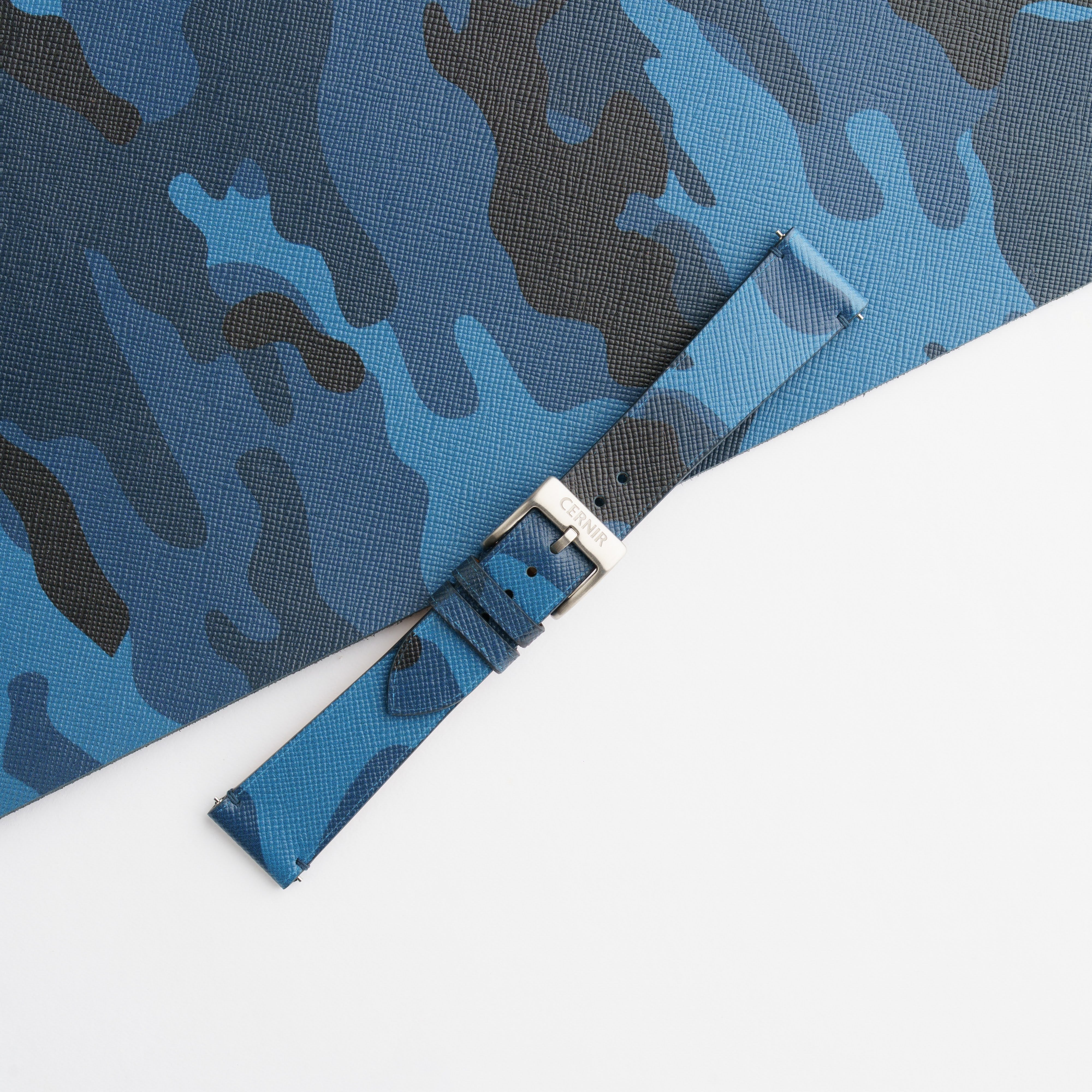 Blue Camo Saffiano Leather Stitchless Watch Strap