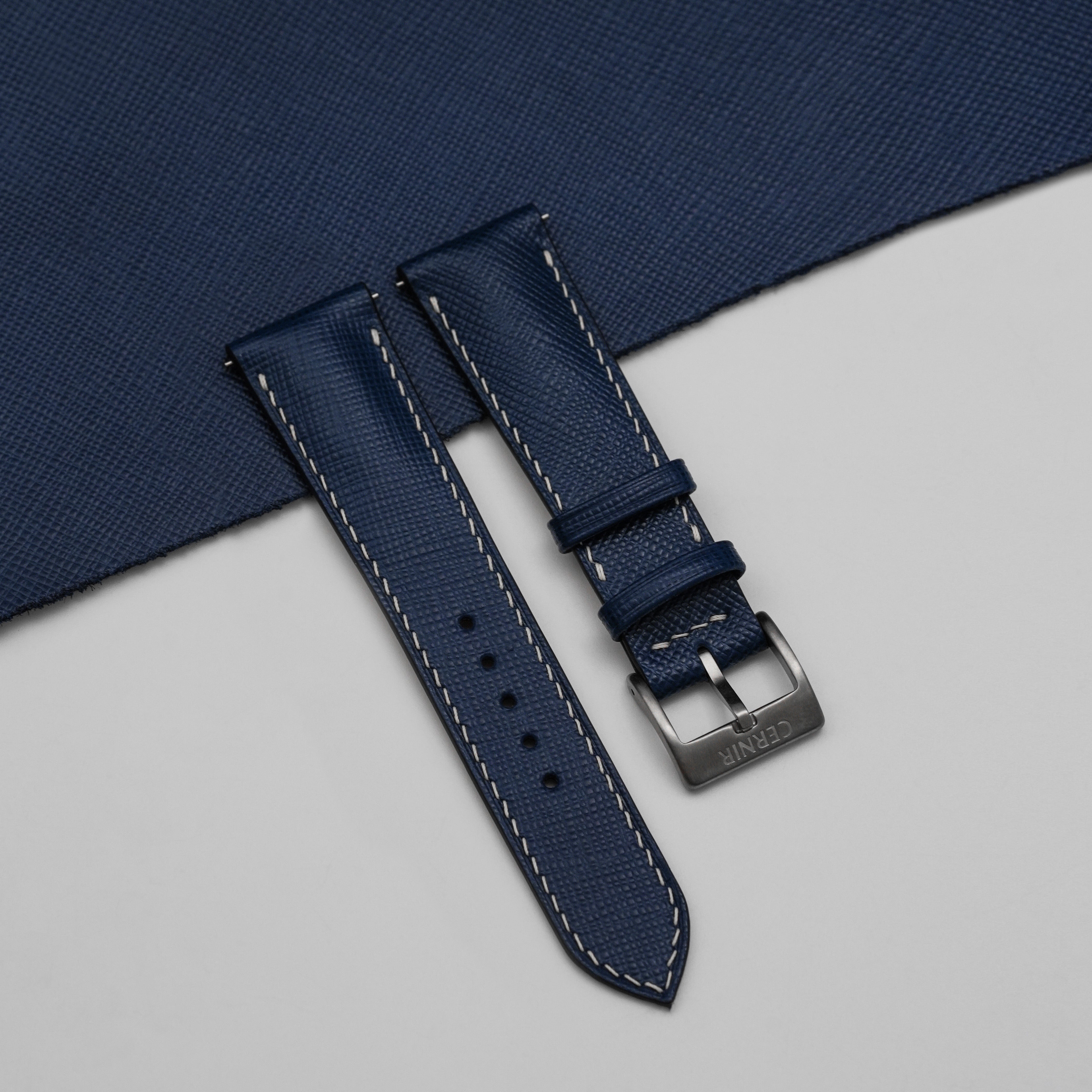 Blue Saffiano Leather Watch Strap - Padded - Cream Stitch