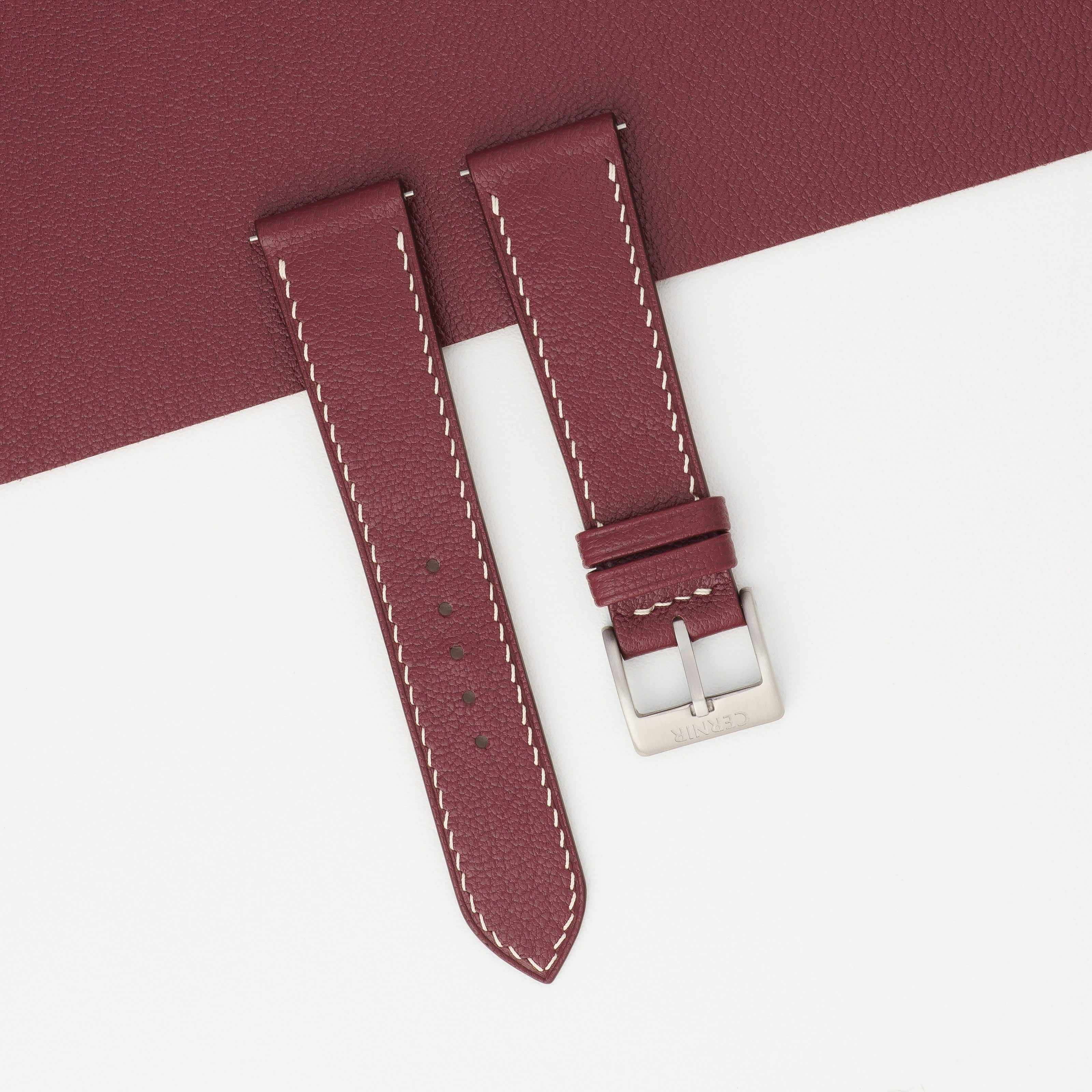 Bordeaux Alran Chevre Sully Leather Slim Watch Strap - Cream Stitch