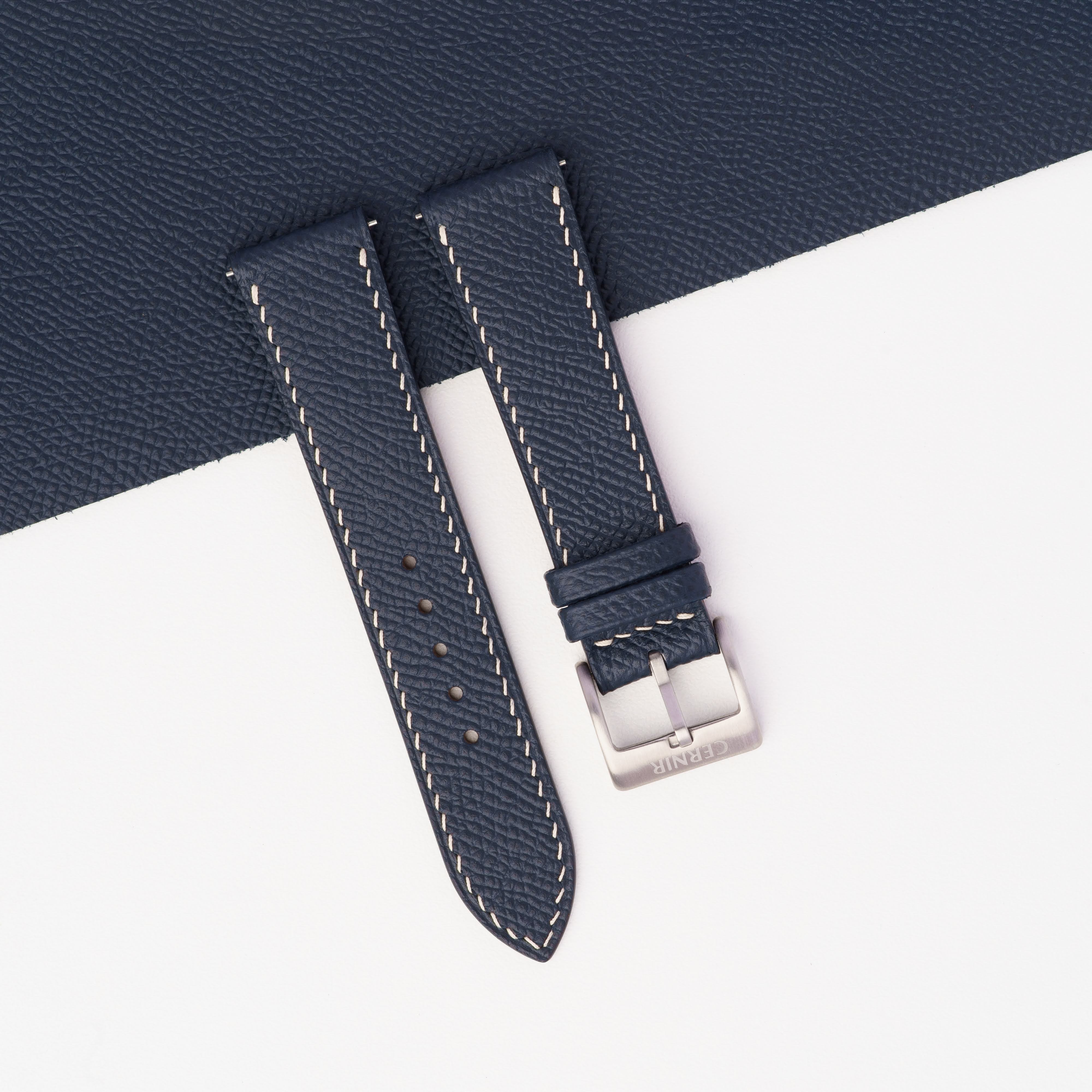 Dark Navy Epsom Leather Watch Strap - Slim - Cream Stitch