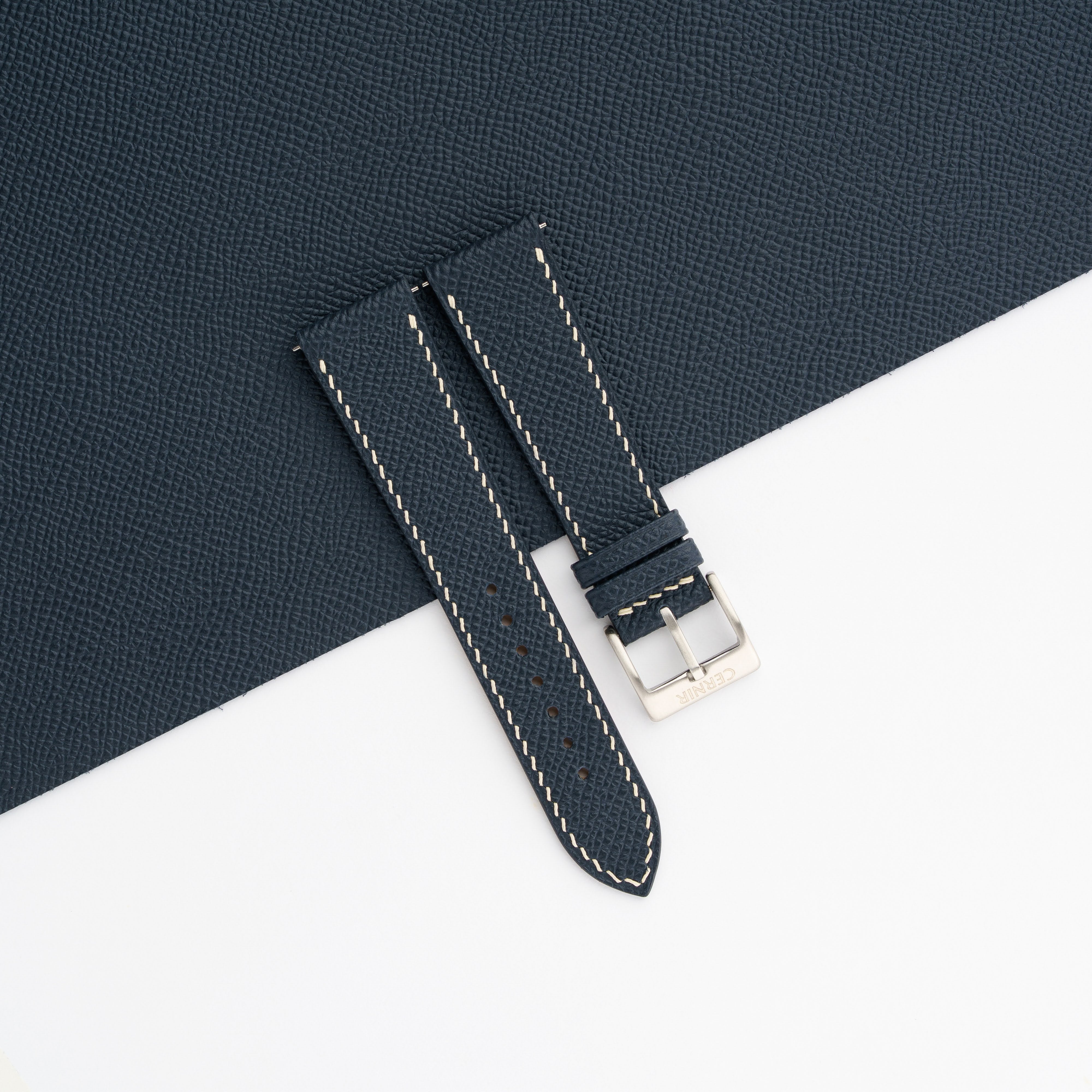 Dark Navy Epsom Leather Watch Strap - Slim - Cream Stitch