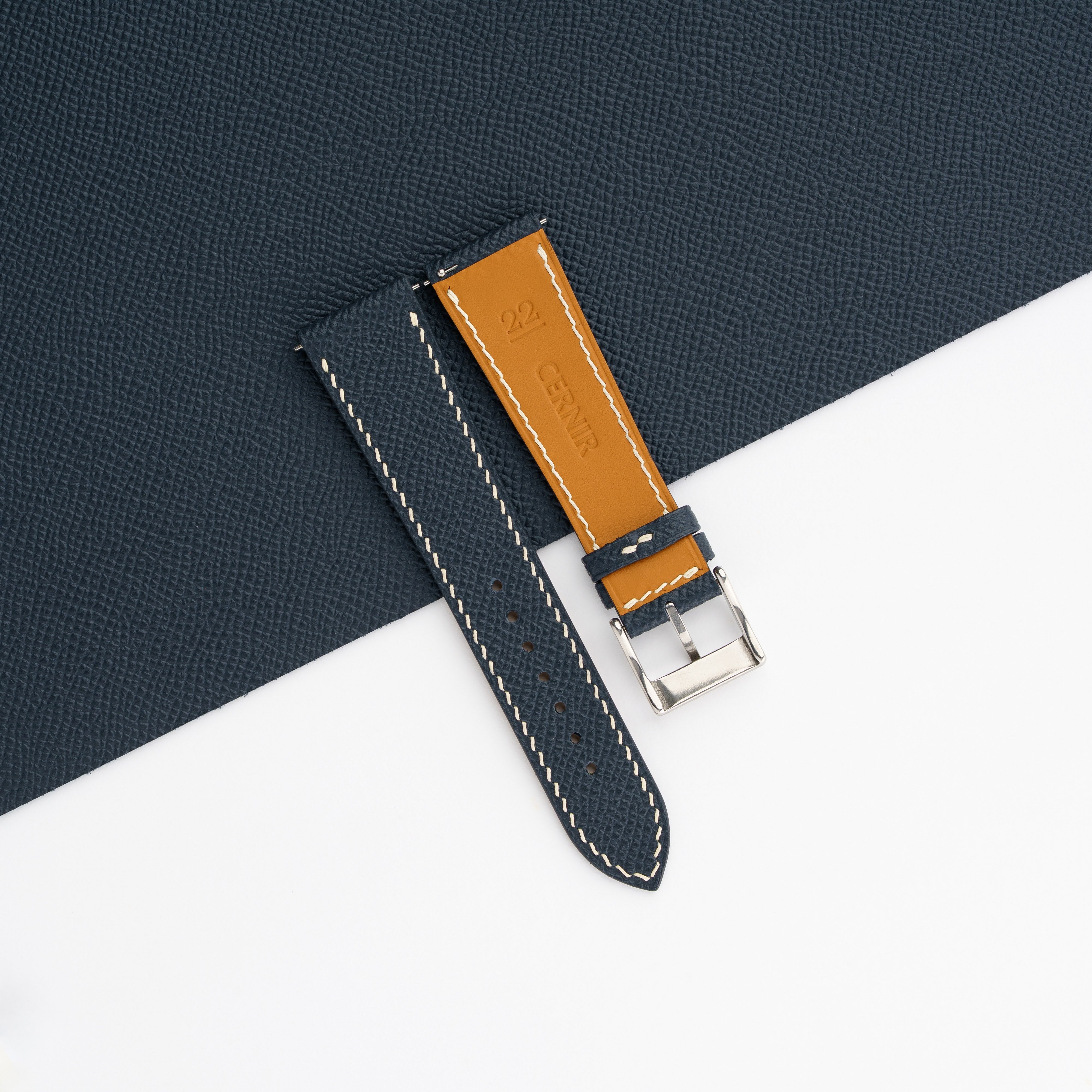 Dark Navy Epsom Leather Watch Strap - Slim - Cream Stitch