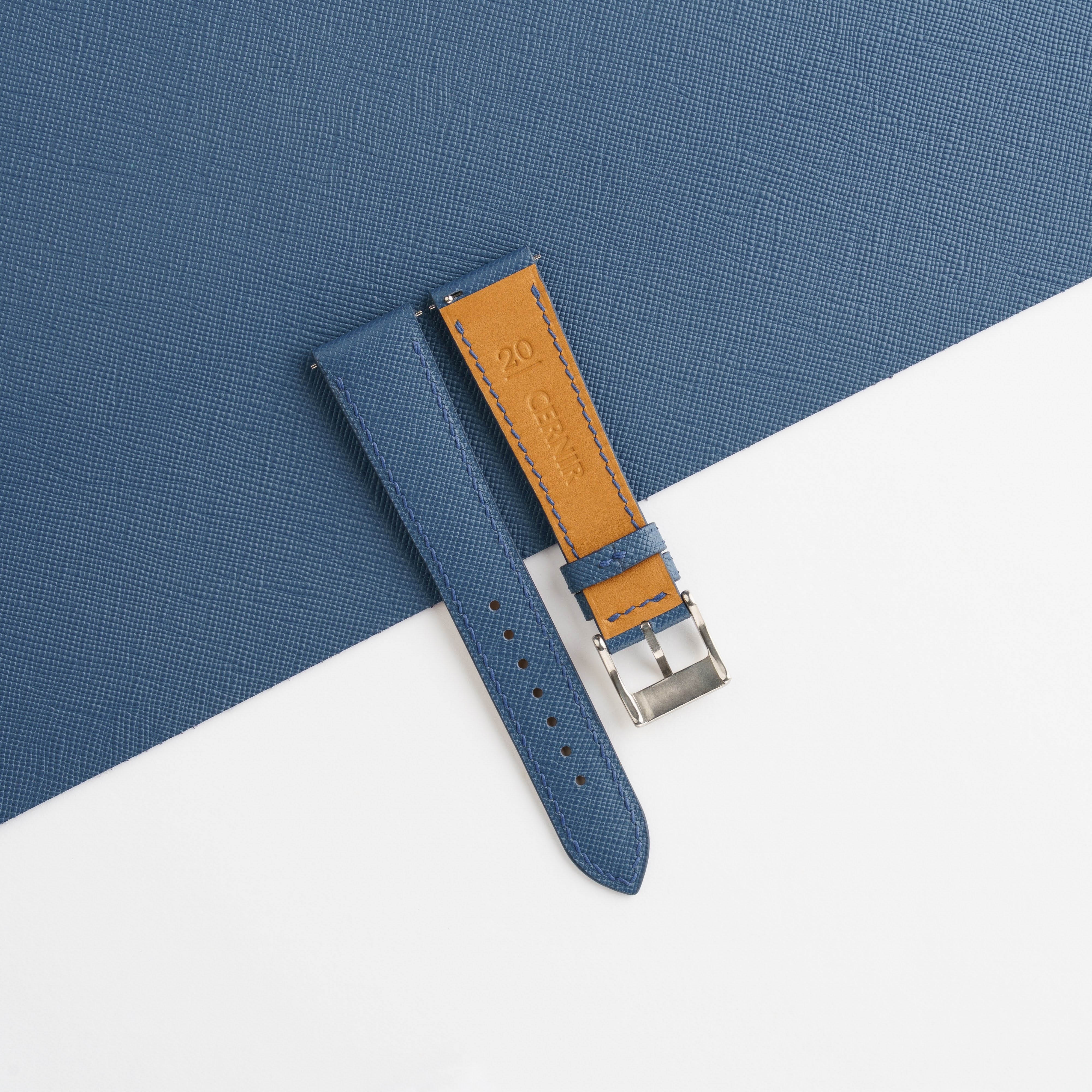Denim Blue Saffiano Leather Slim Watch Strap