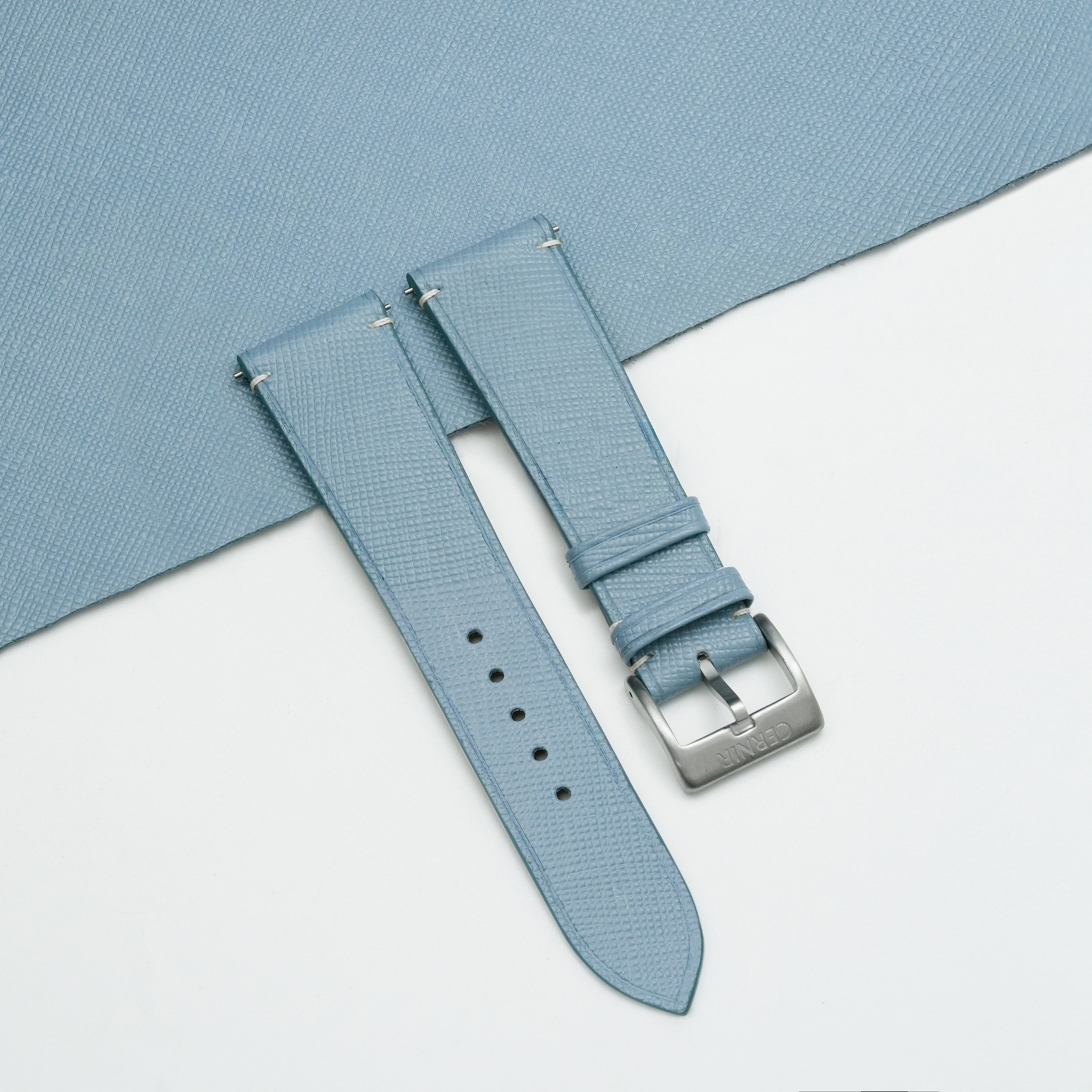 Dusty Blue Saffiano Leather Watch Strap - Stitchless Slim