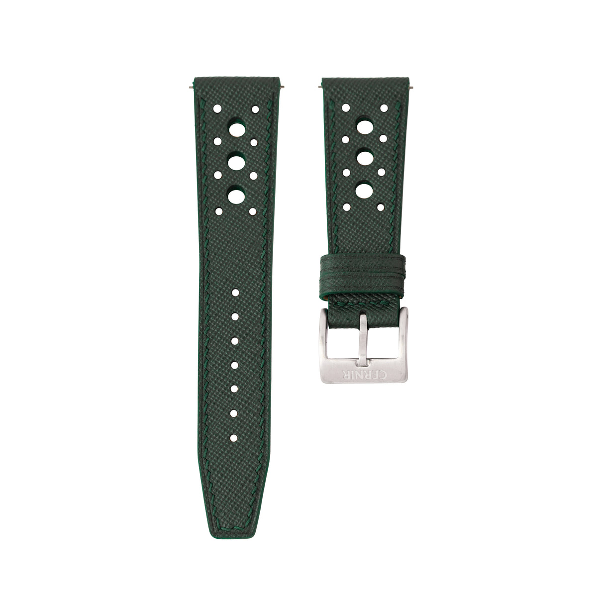 Forest Green Saffiano Hybrid Rally Pilot watch strap with large round holes and steel buckle