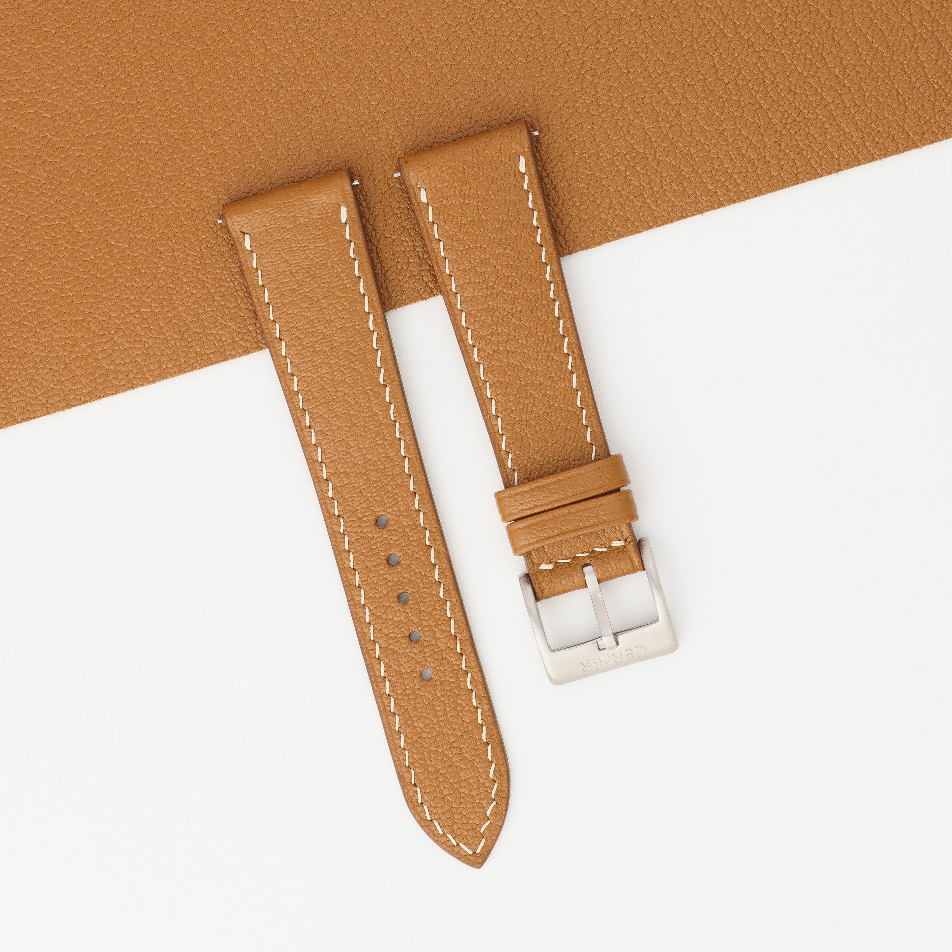 Golden Brown Alran Chevre Sully Leather Slim Watch Strap - Cream Stitch