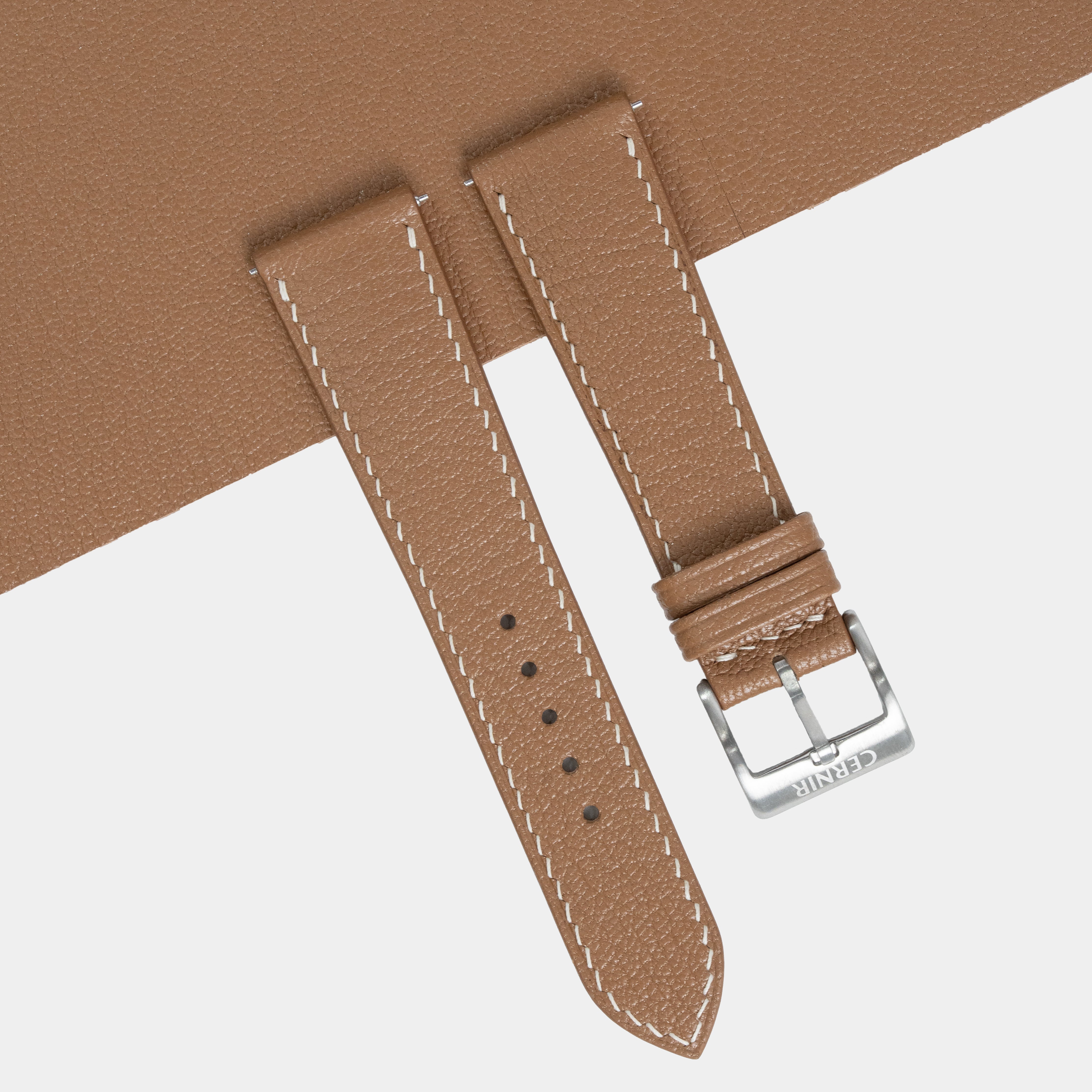 Golden Brown Alran Chevre Sully Leather Watch Strap - Slim - Cream Stitch
