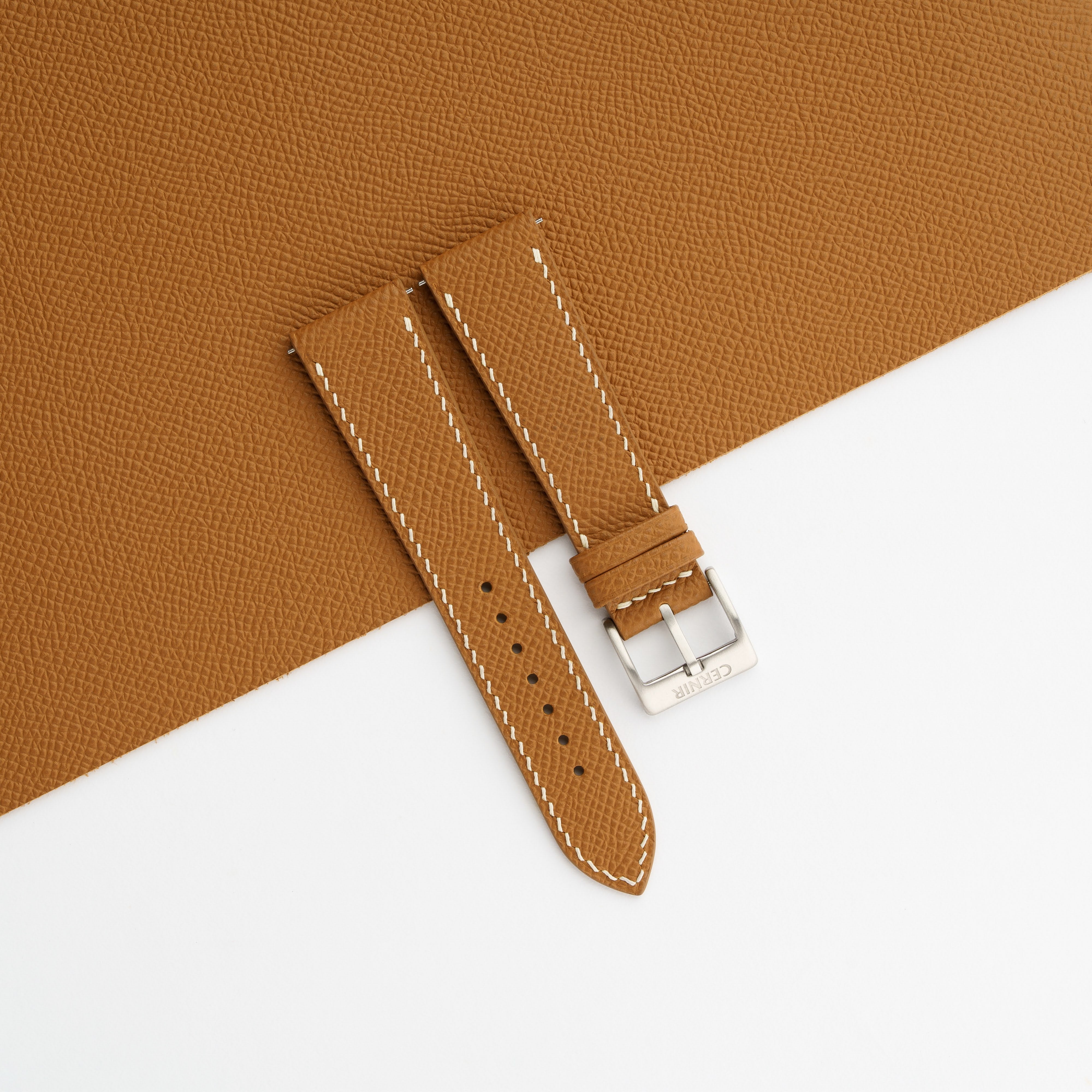 Golden Brown Epsom Leather Watch Strap - Slim - Cream Stitch