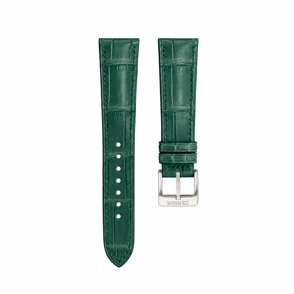Green alligator leather padded watch strap with green stitching and a steel Cernir buckle