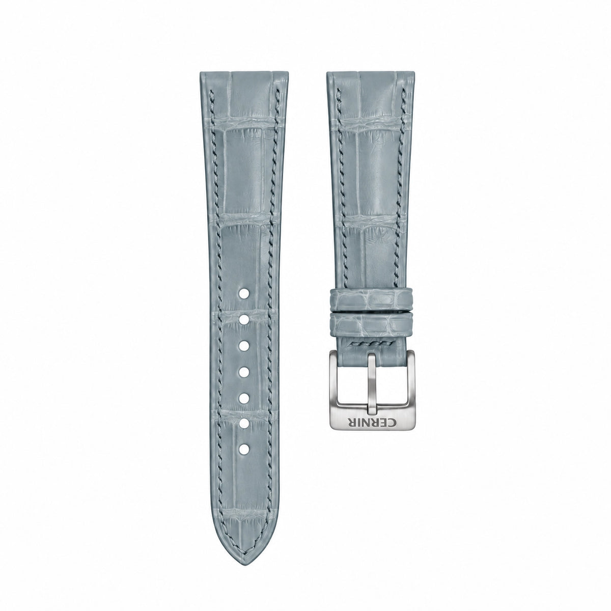 Light grey alligator leather padded watch strap with grey stitching and a steel buckle
