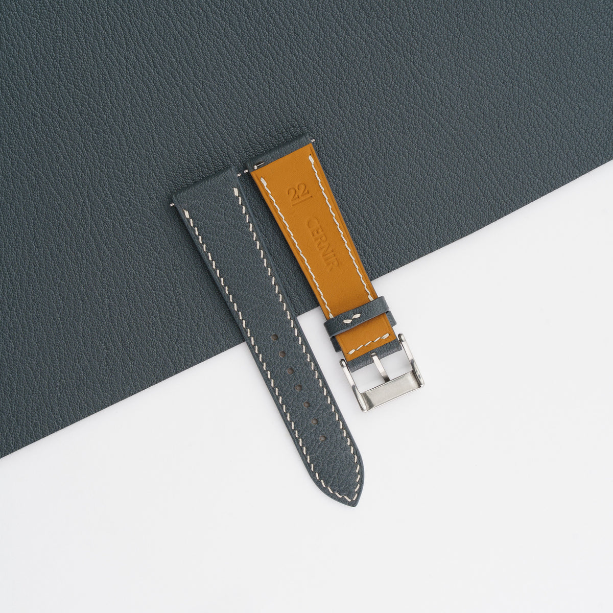 Tan Zermatt leather lining on the reverse of the grey Alran Chevre Sully slim strap
