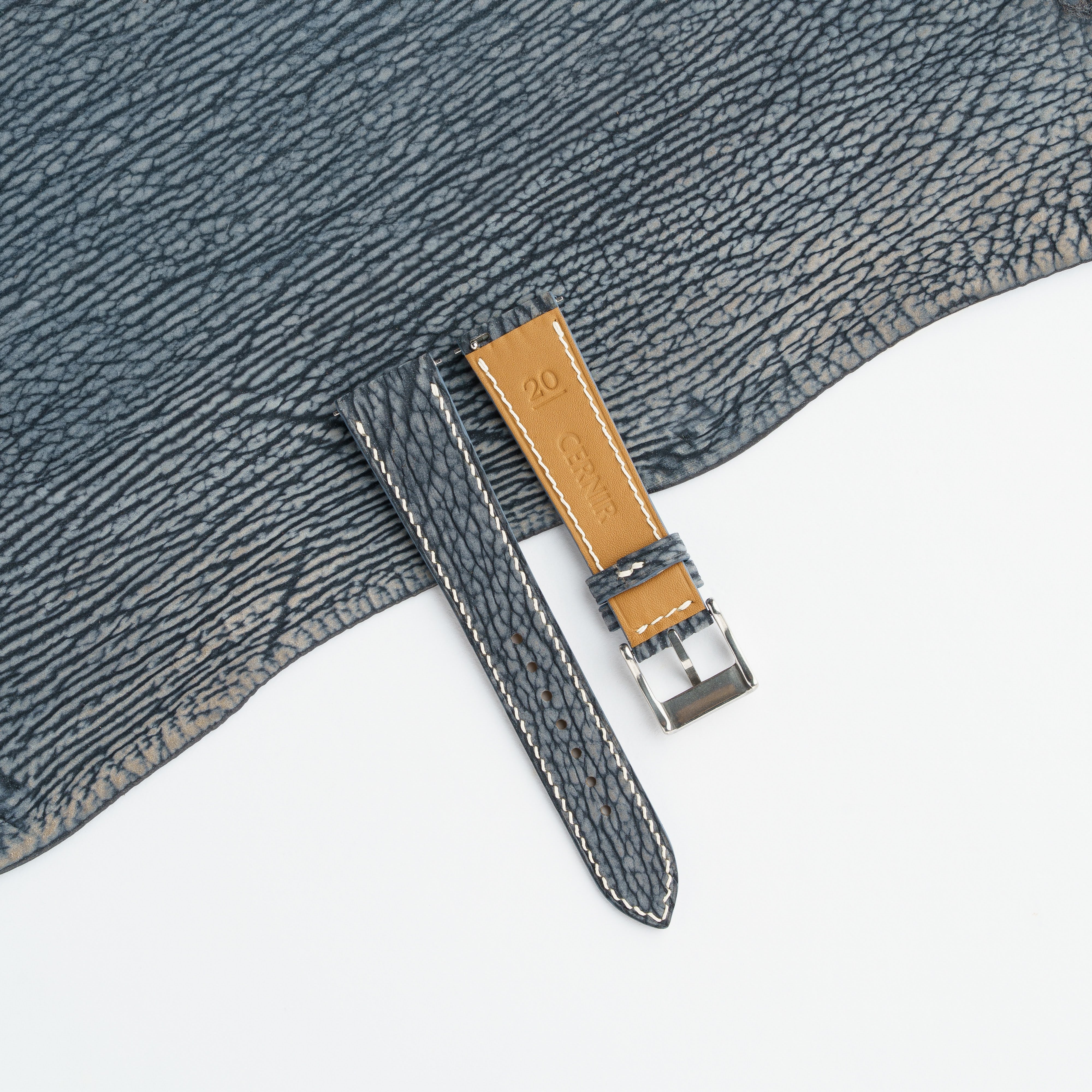 Grey Blue Shark Leather Slim Watch Strap