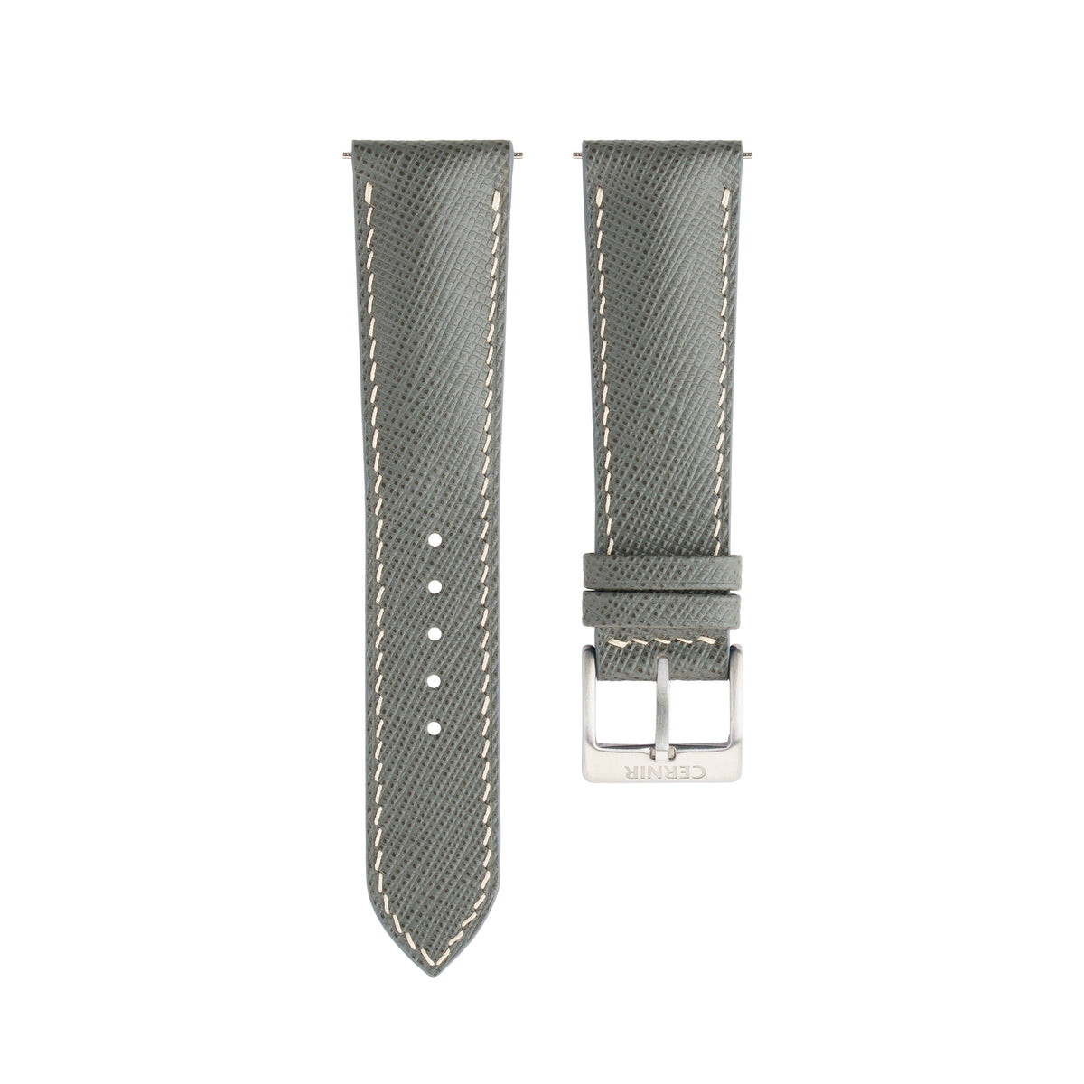 Grey Saffiano leather padded watch strap with cream stitching and a steel pin buckle