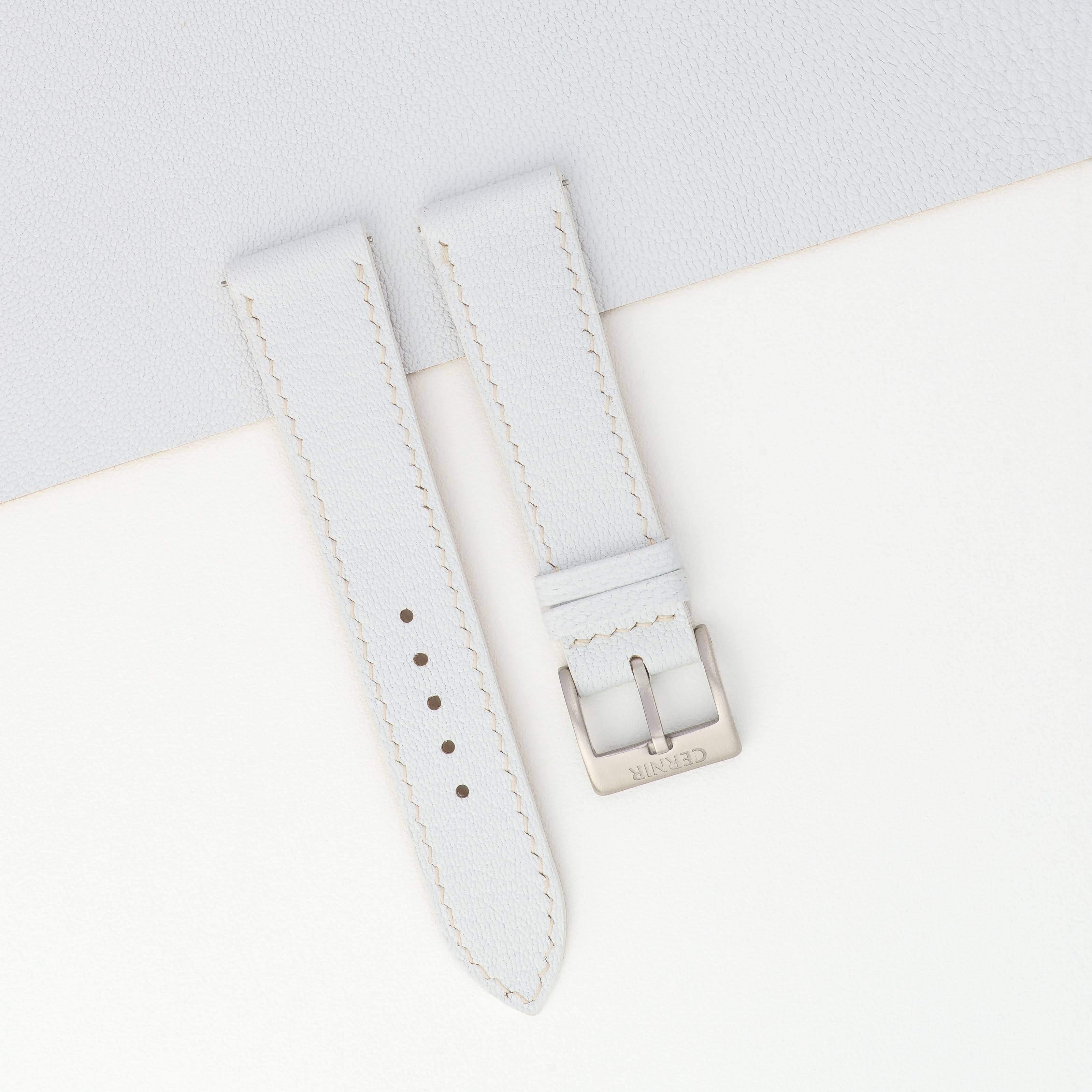 White Alran Chevre Sully Leather Slim Watch Strap - Cream Stitch