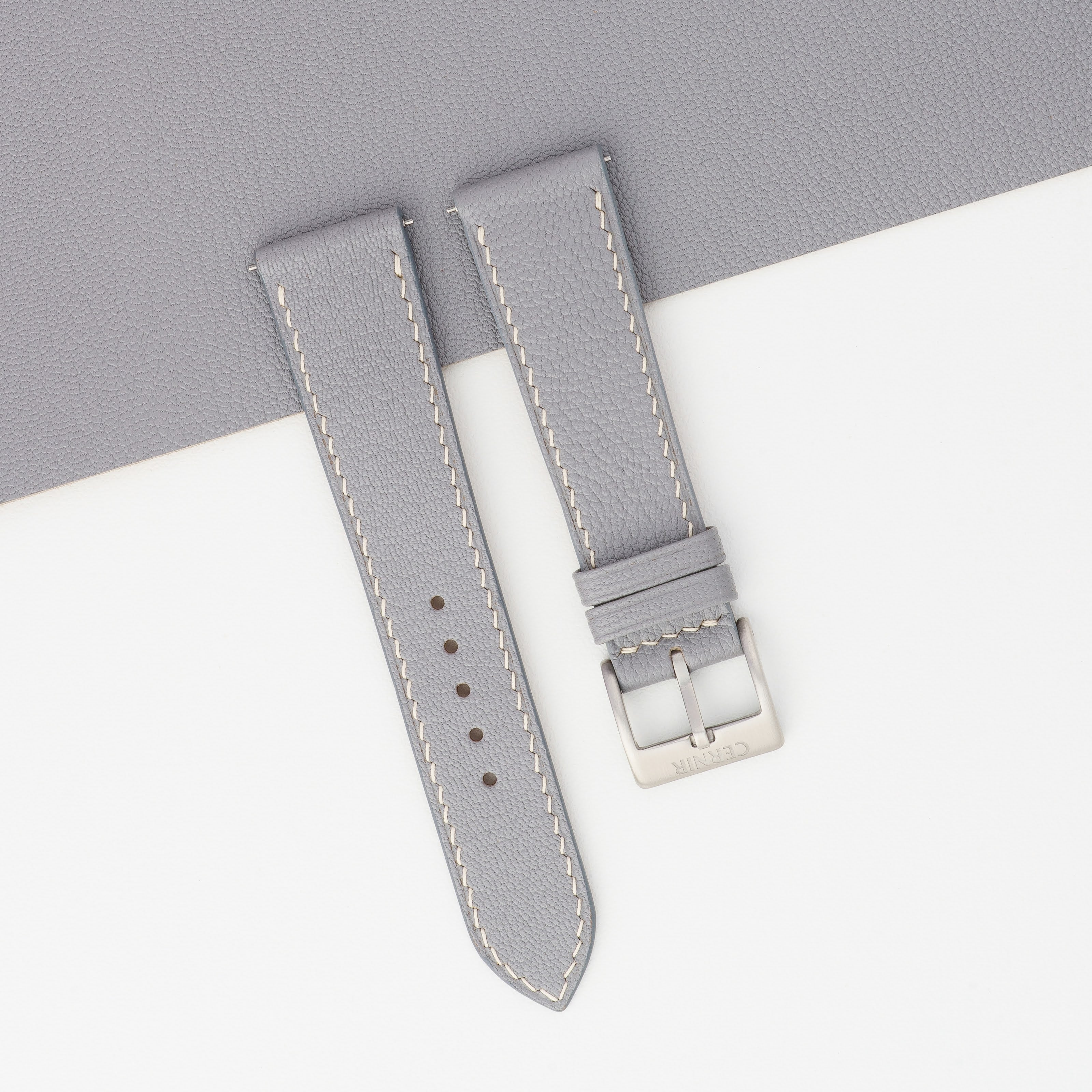Light Grey Alran Chevre Sully Leather Slim Watch Strap - Cream Stitch