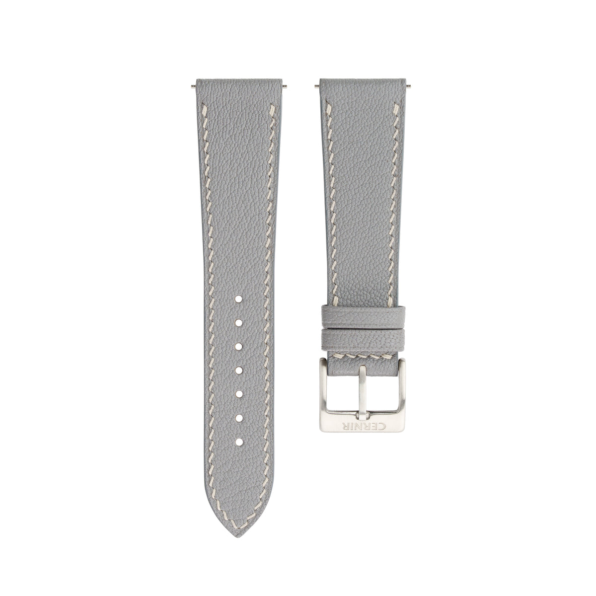 Light Grey Alran Chevre Sully leather slim watch strap with cream stitching and steel pin buckle