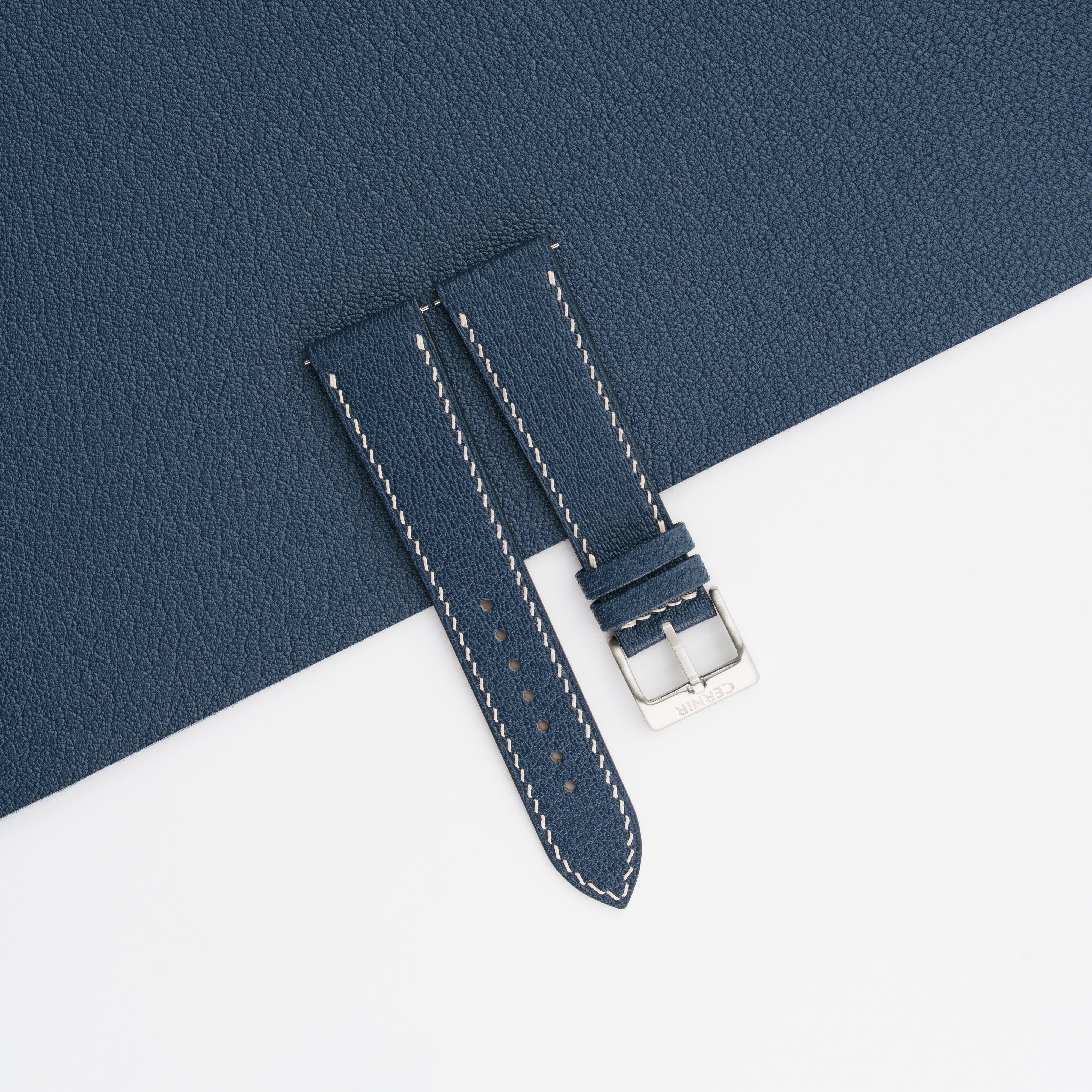 Navy Blue Alran Chevre Sully Leather Slim Watch Strap
