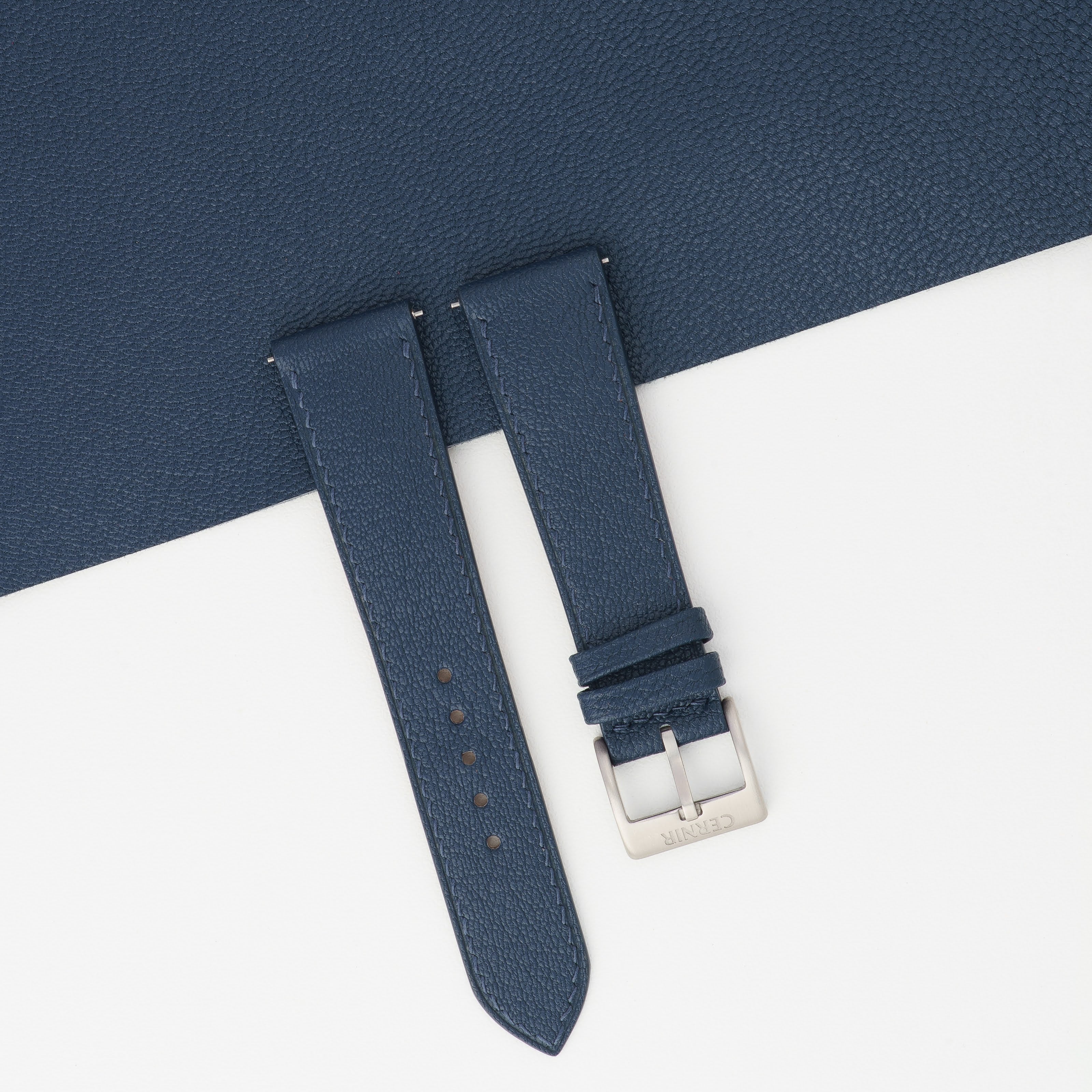 Navy Blue Alran Chevre Sully Leather Slim Watch Strap - Cream Stitch