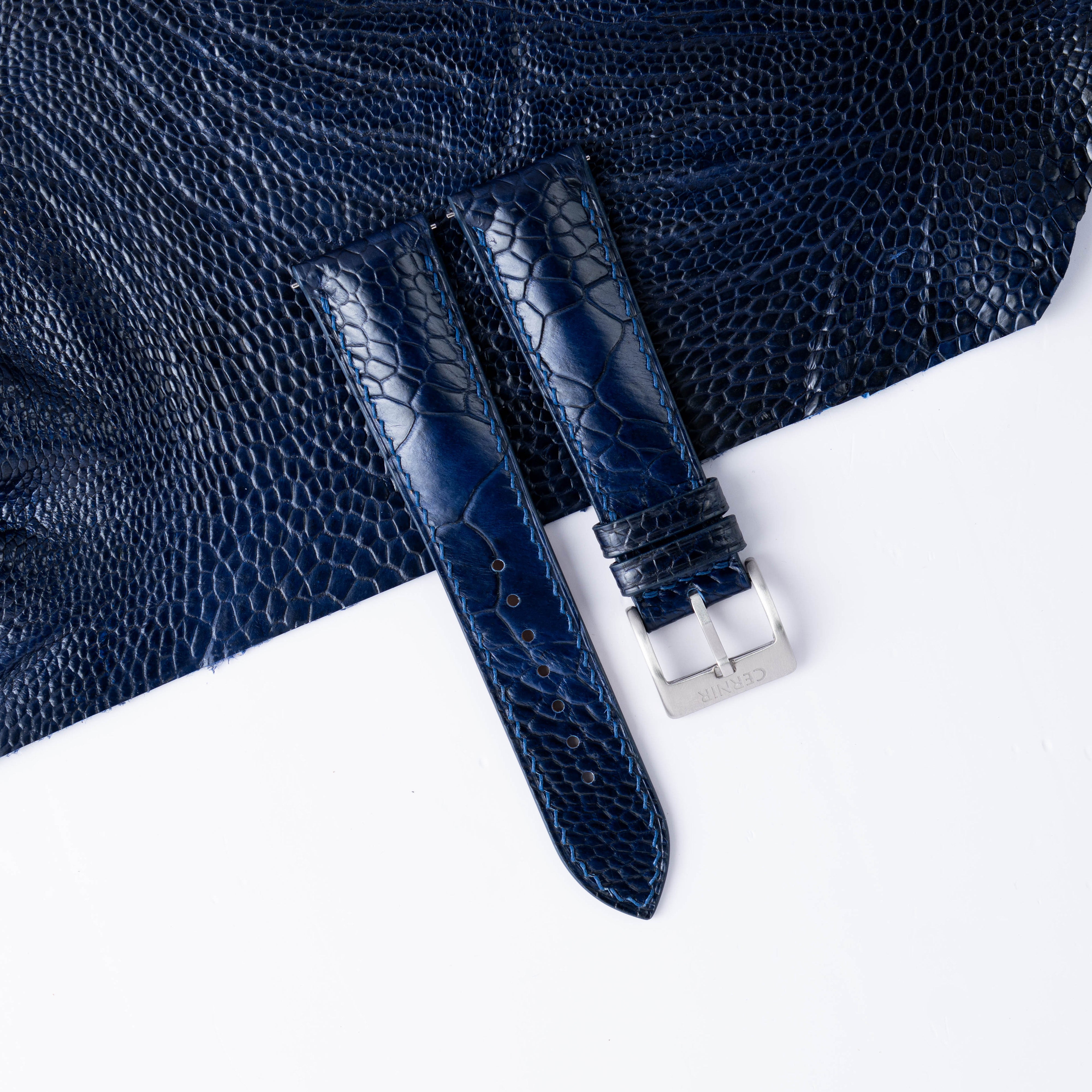 Navy Ostrich Leather Padded Watch Strap