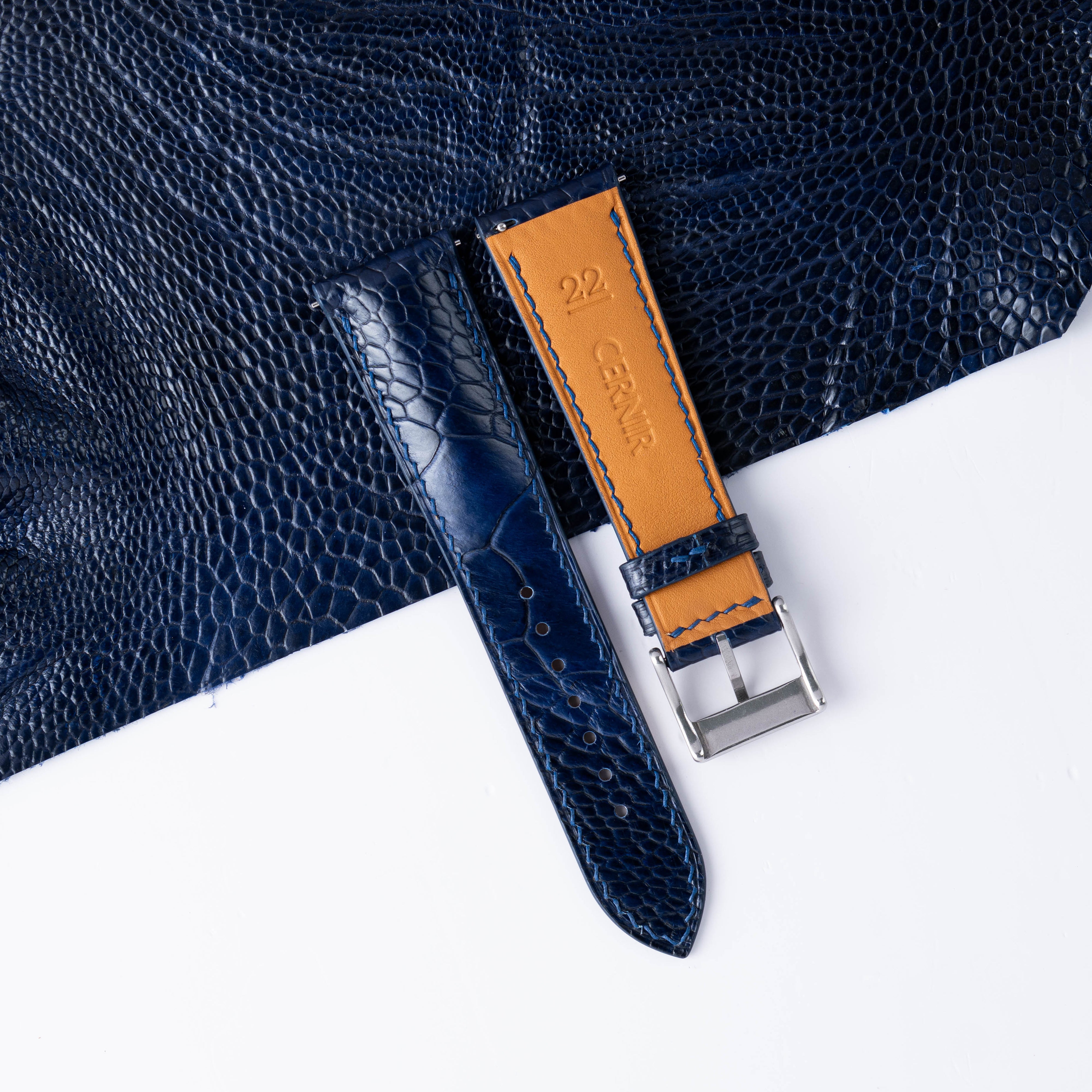 Navy Ostrich Leather Padded Watch Strap
