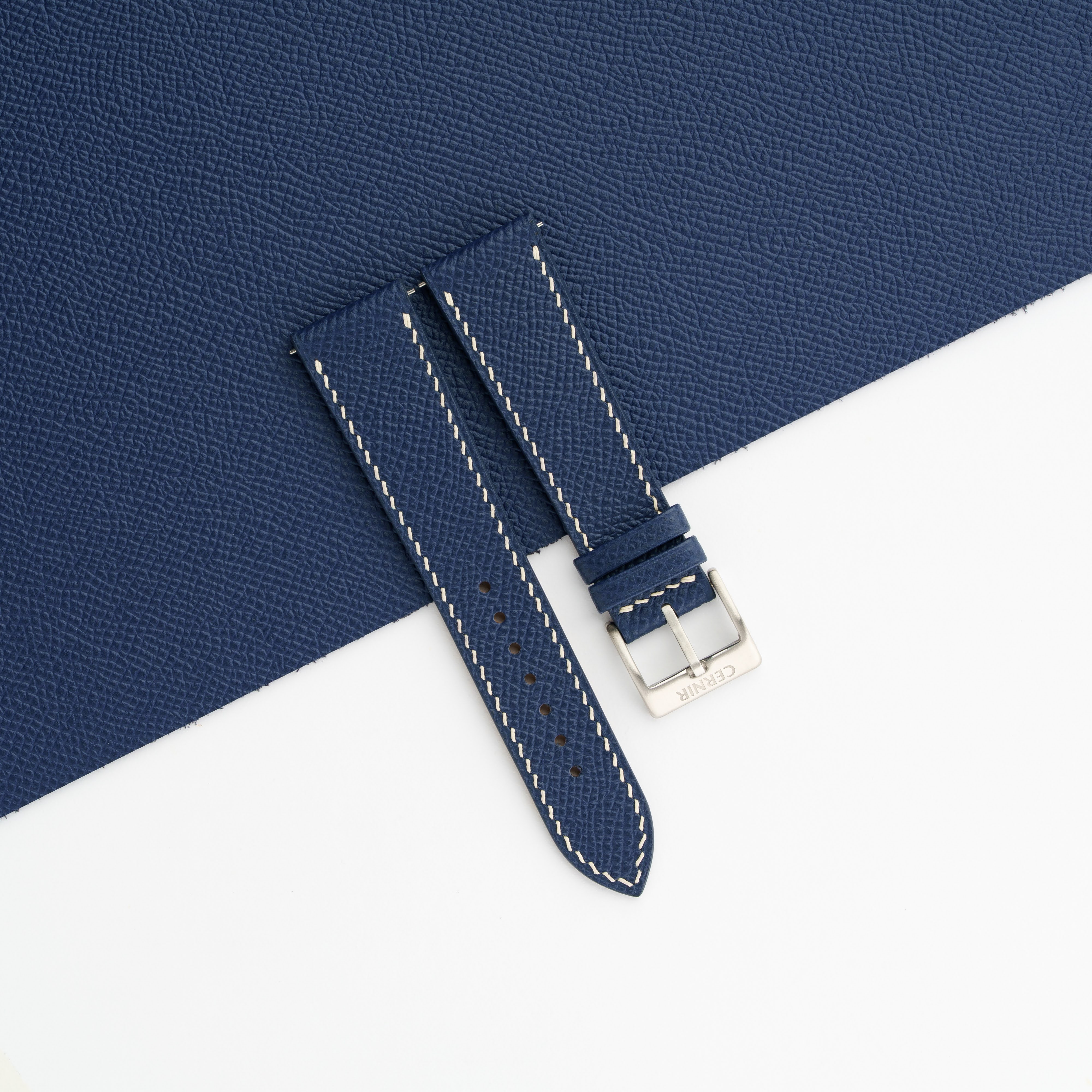 Navy Epsom Leather Watch Strap - Slim - Cream Stitch