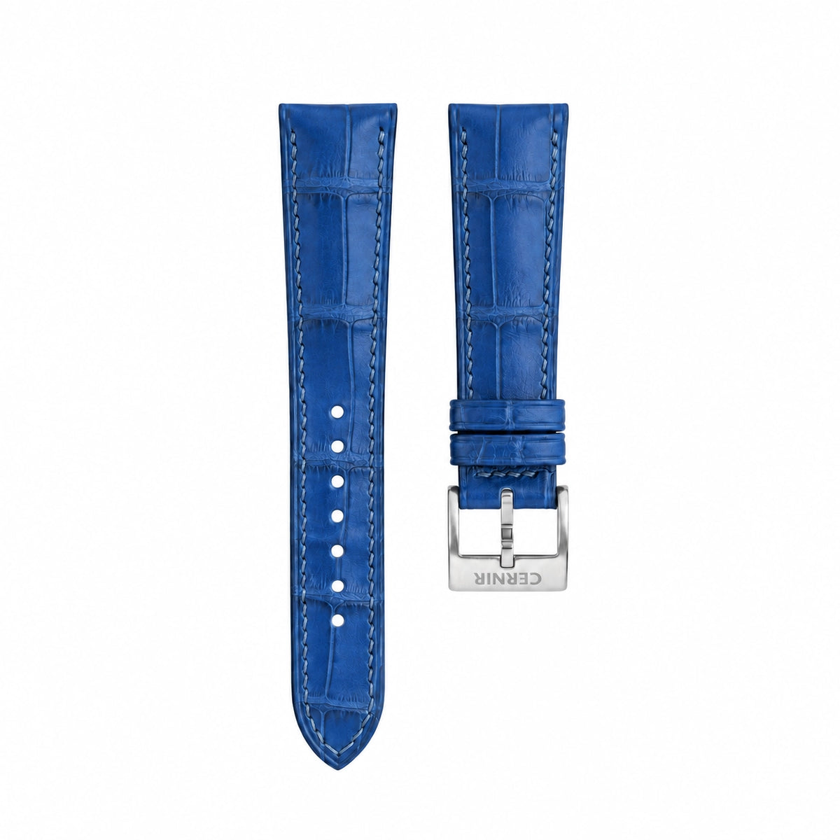Ocean blue alligator leather padded watch strap with matching blue stitching and a steel buckle