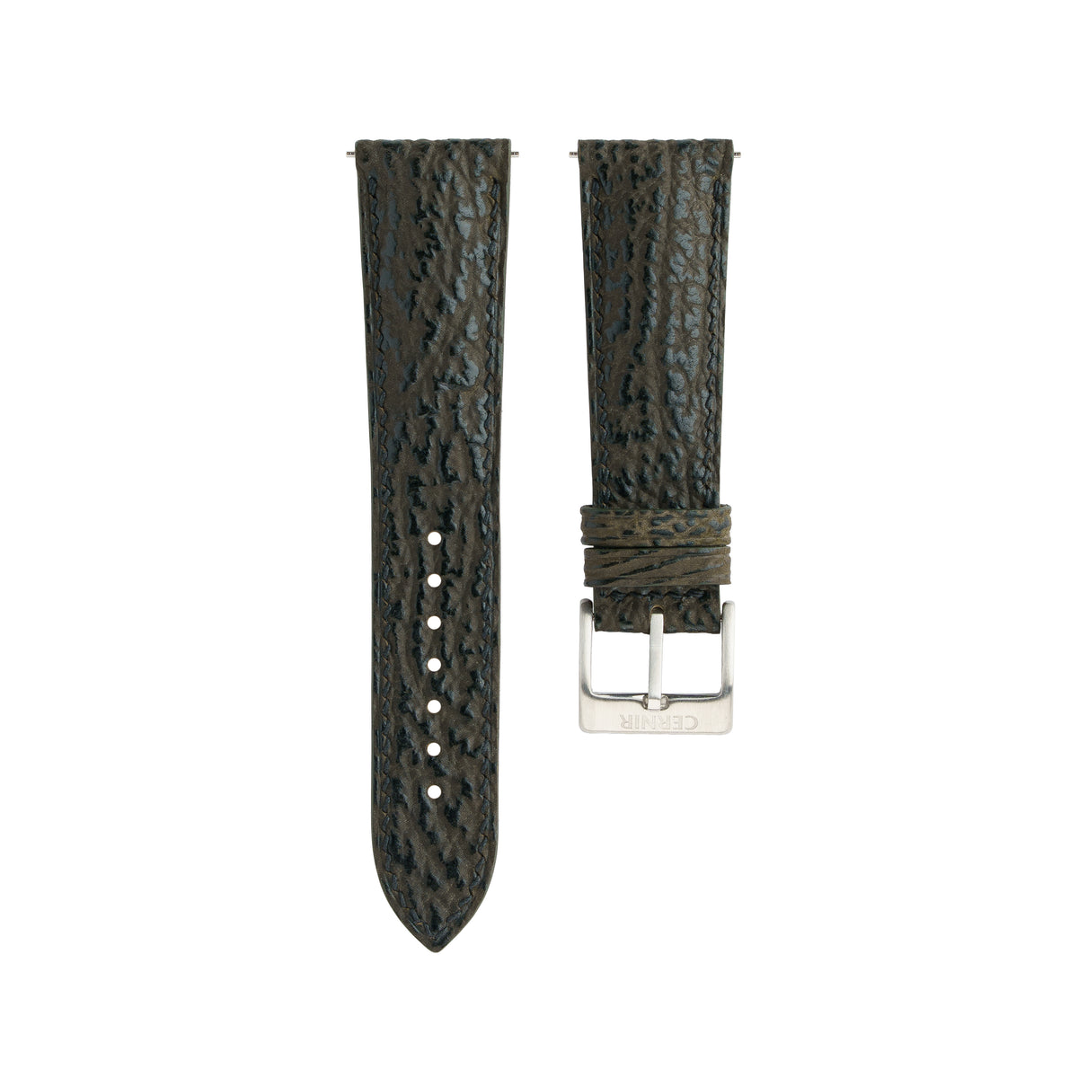 Olive Brown Shark leather padded watch strap with dark stitching and a steel pin buckle