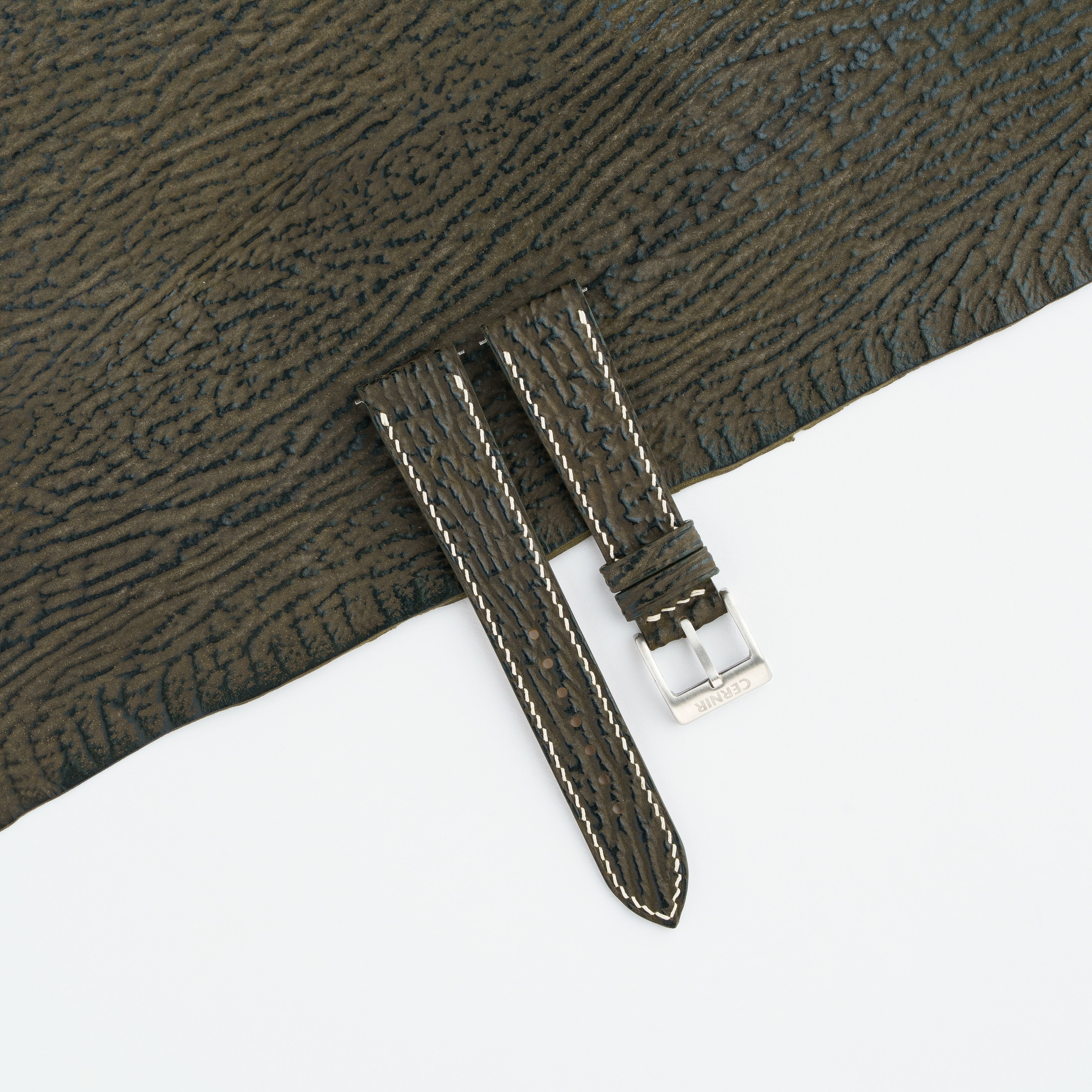 Olive Brown Shark Leather Slim Watch Strap