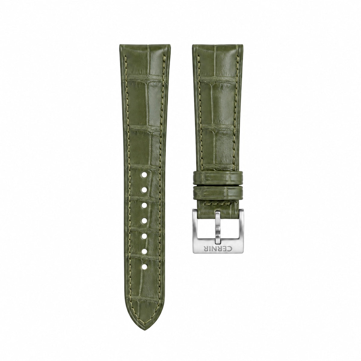 Olive green alligator leather padded watch strap with olive stitching and a steel buckle