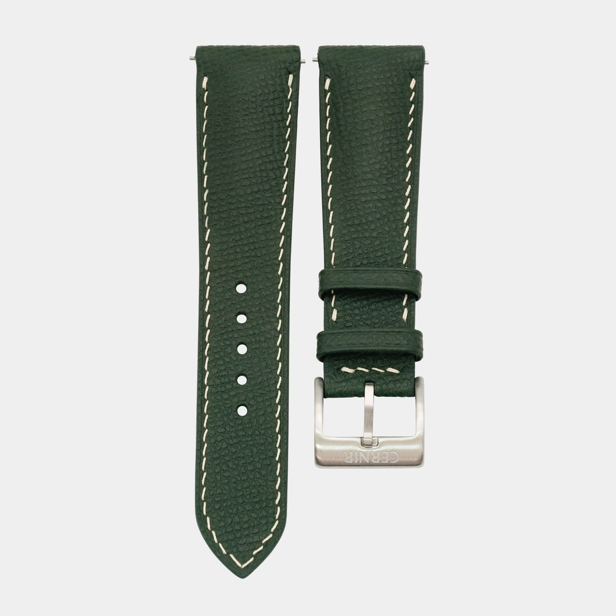 Olive green Epsom leather padded watch strap with cream stitching and a brushed steel buckle