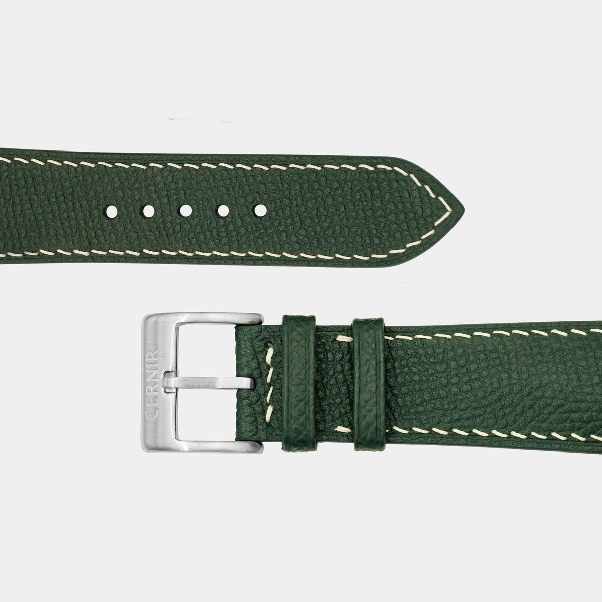Close-up of the olive green Epsom padded watch strap, showing the embossed grain and cream stitching
