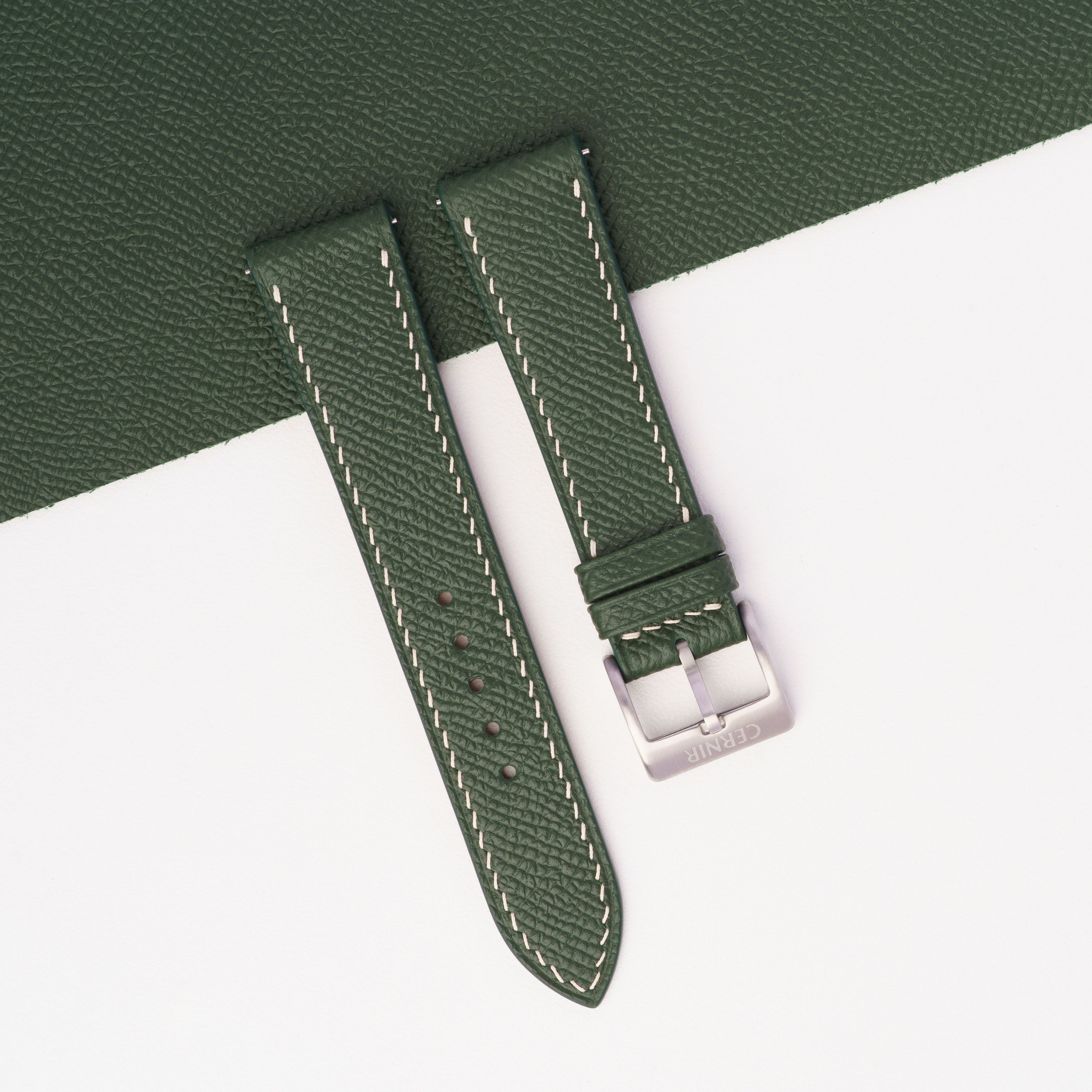 Olive Green Epsom Leather Watch Strap - Slim - Cream Stitch