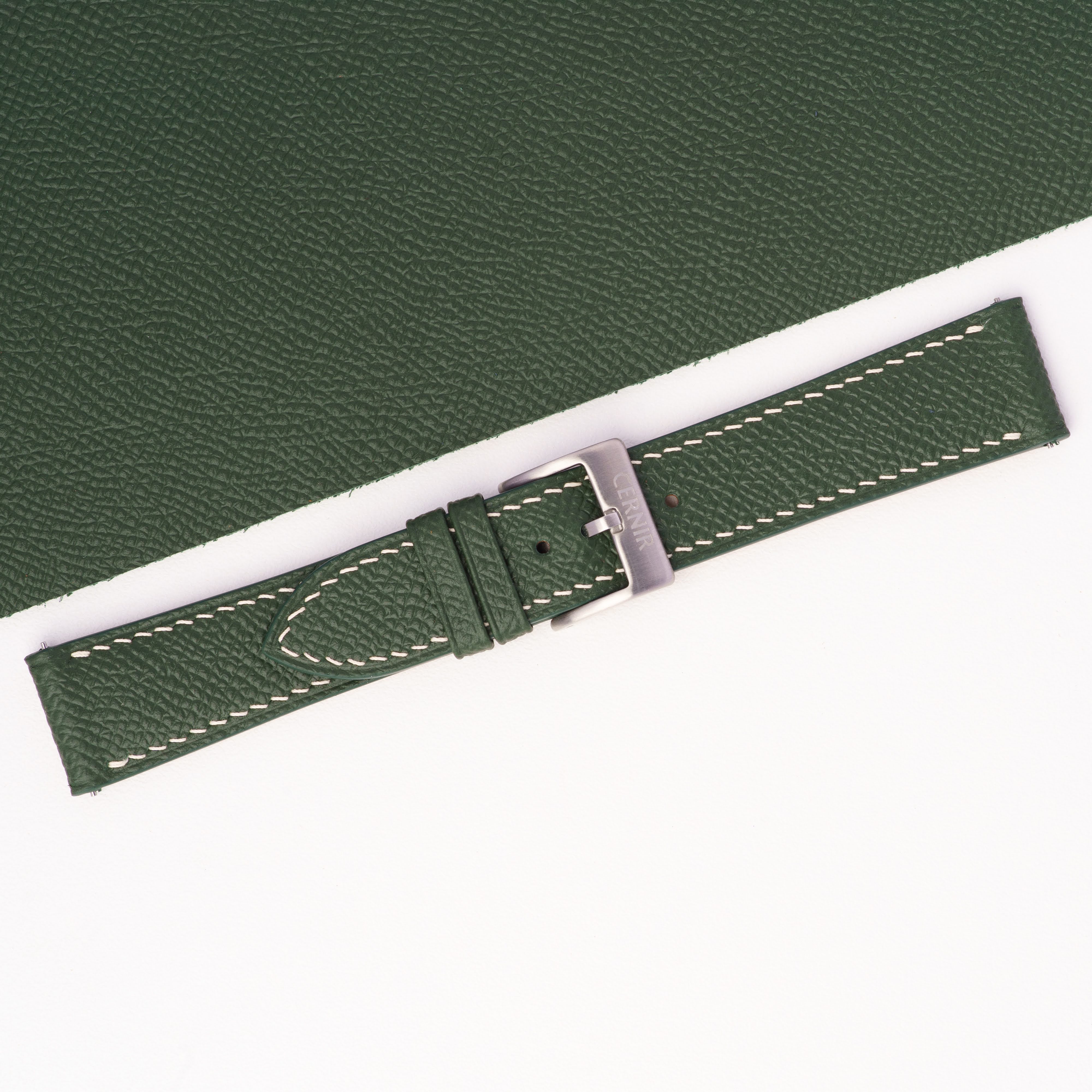 Olive Green Epsom Leather Watch Strap - Slim - Cream Stitch