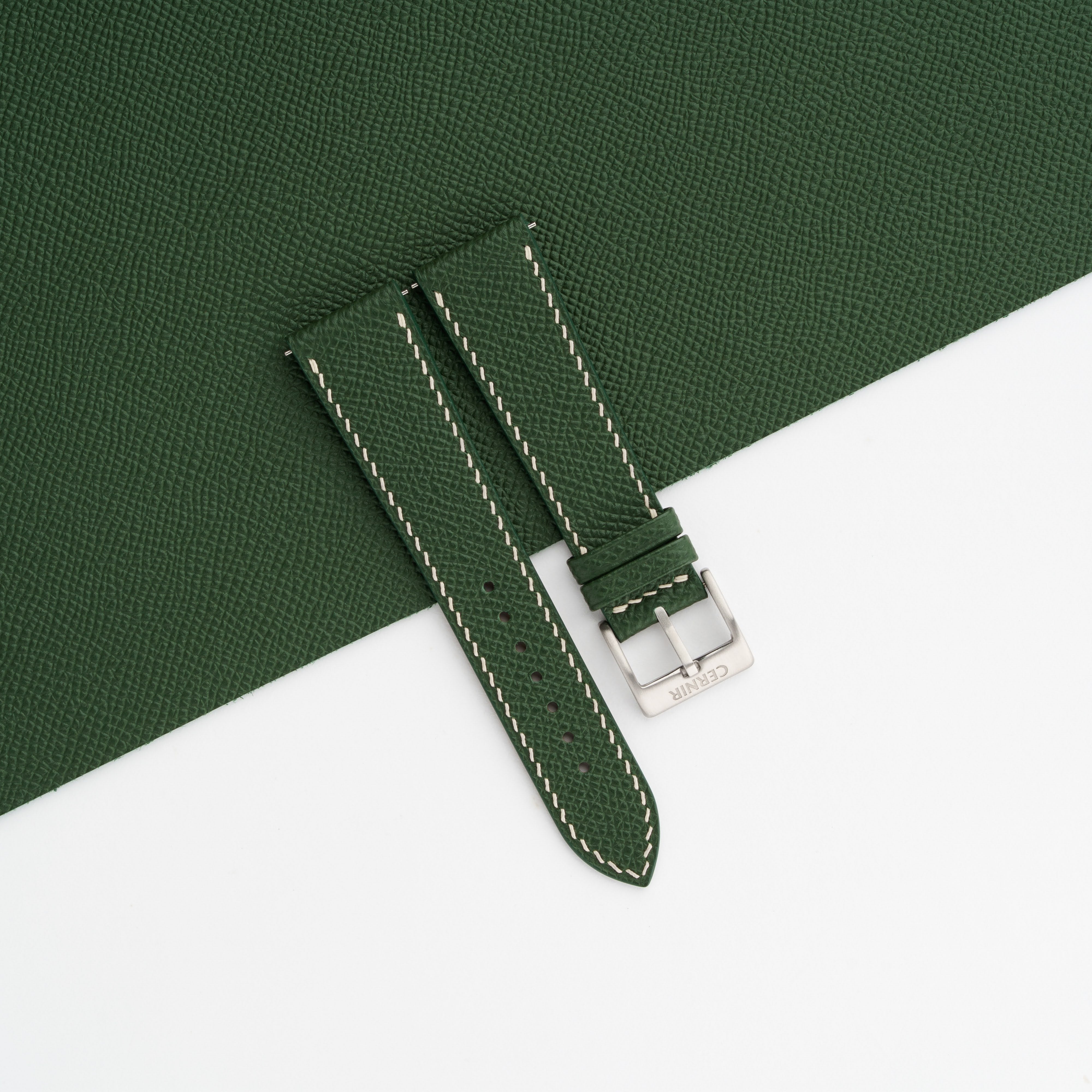 Olive Green Epsom Leather Watch Strap - Slim - Cream Stitch