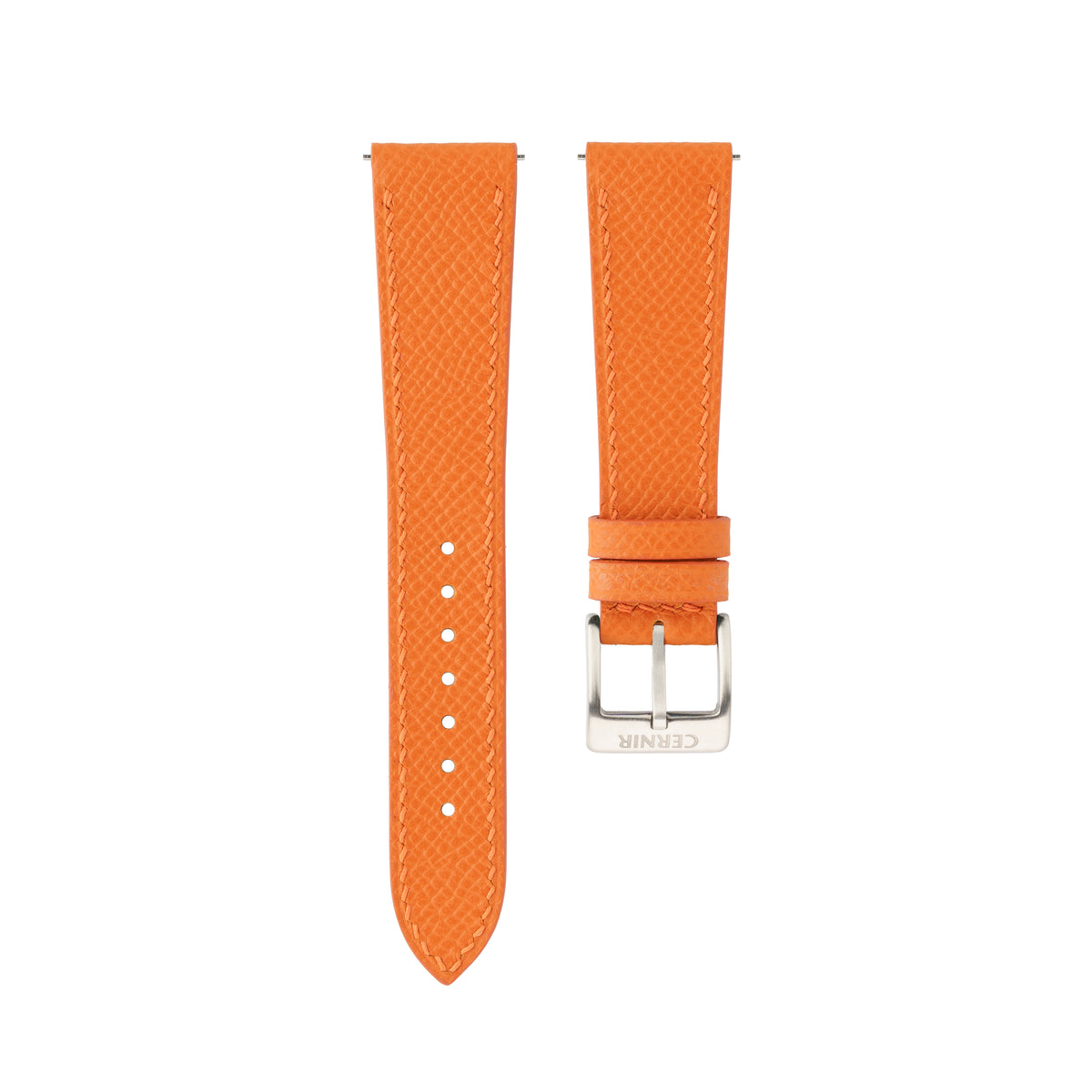 Orange Epsom leather slim watch strap with matching orange stitching and a steel pin buckle