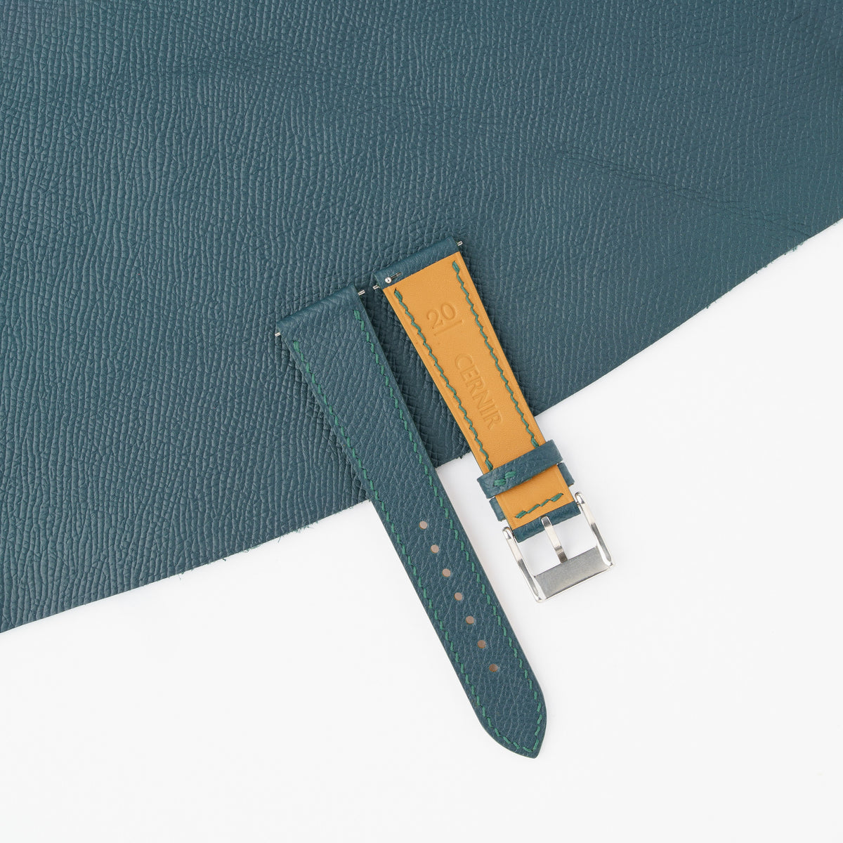 Zermatt leather lining on the back of the petrol blue Epsom slim watch strap