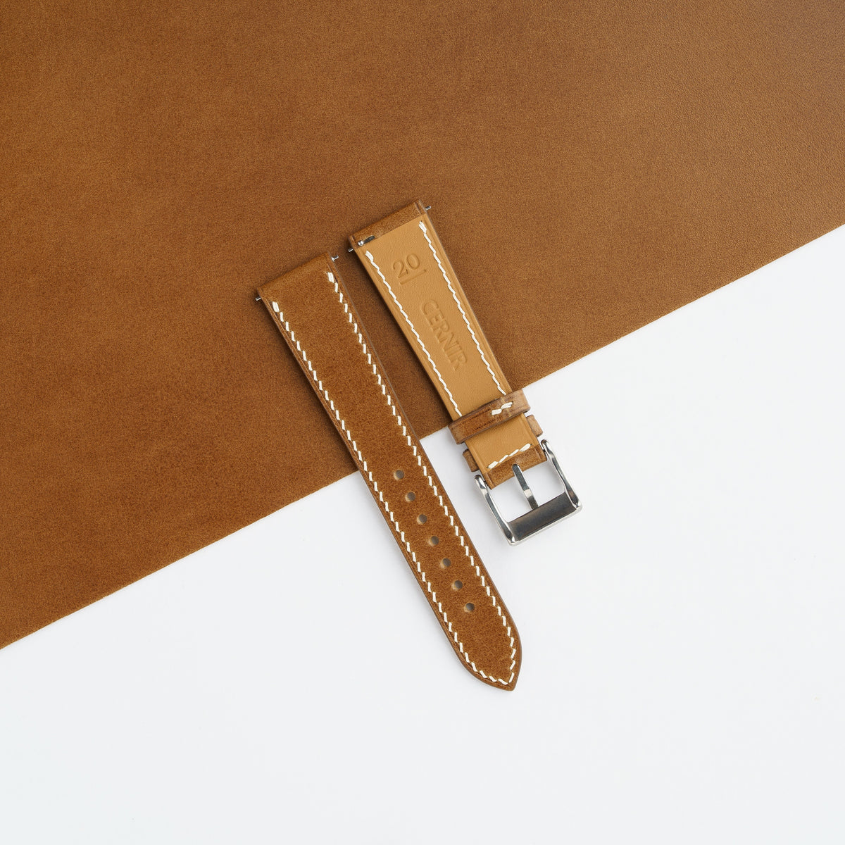 Tan Zermatt leather lining on the back of the tan Buttero slim watch strap