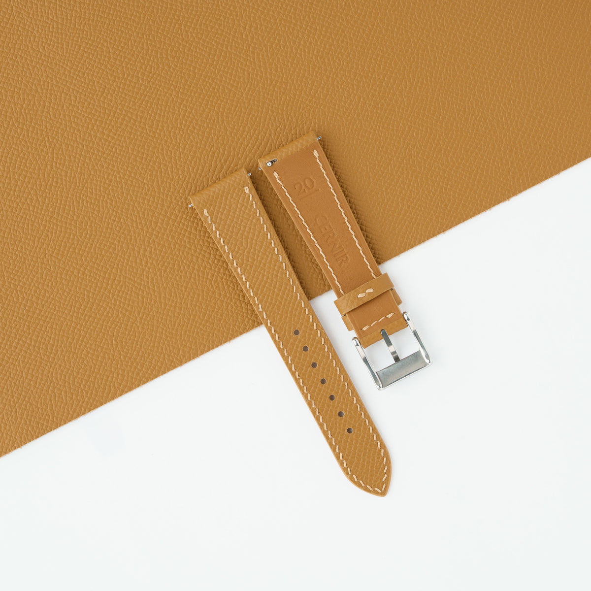 Zermatt leather lining on the back of the tan Epsom slim watch strap