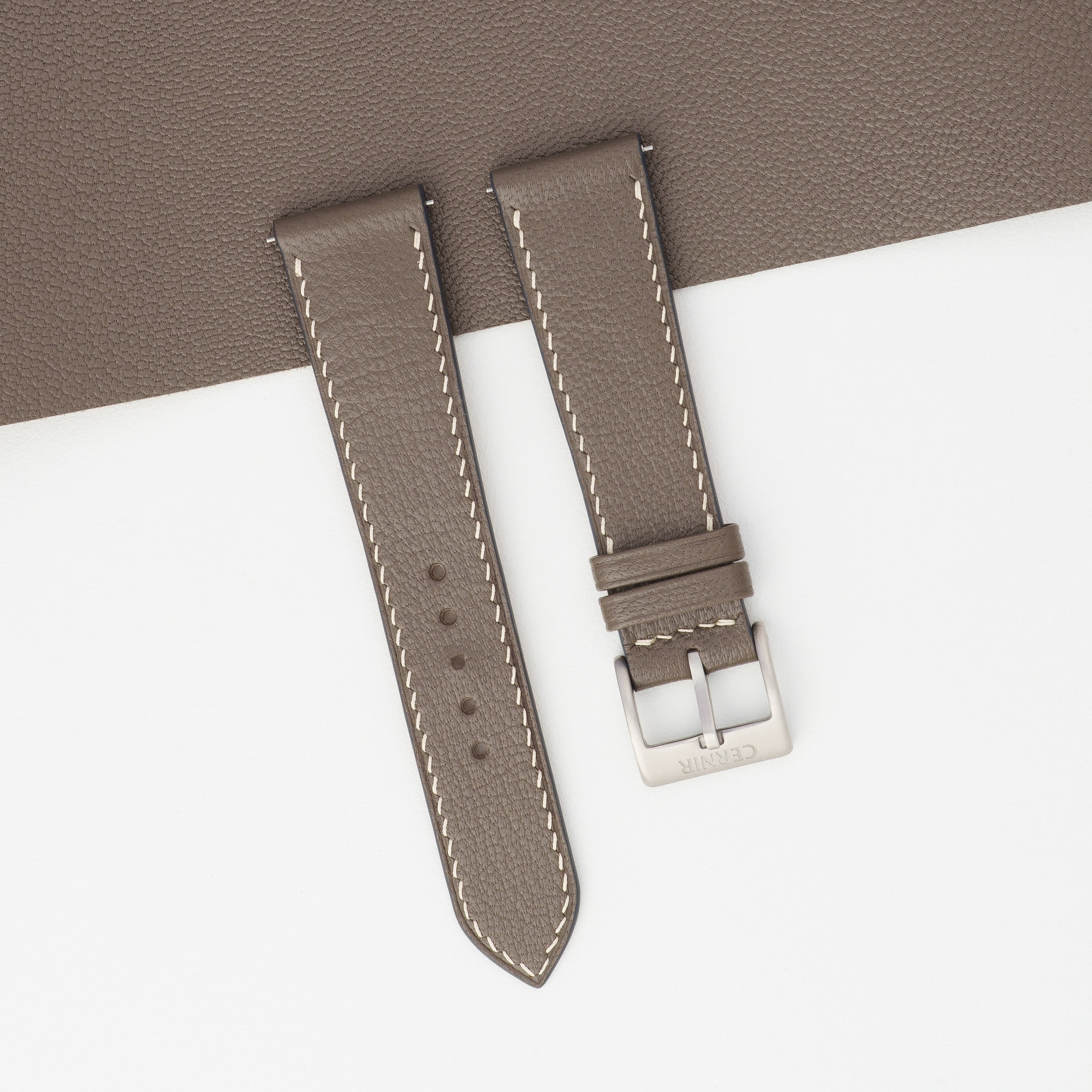 Taupe Alran Chevre Sully Leather Slim Watch Strap - Cream Stitch