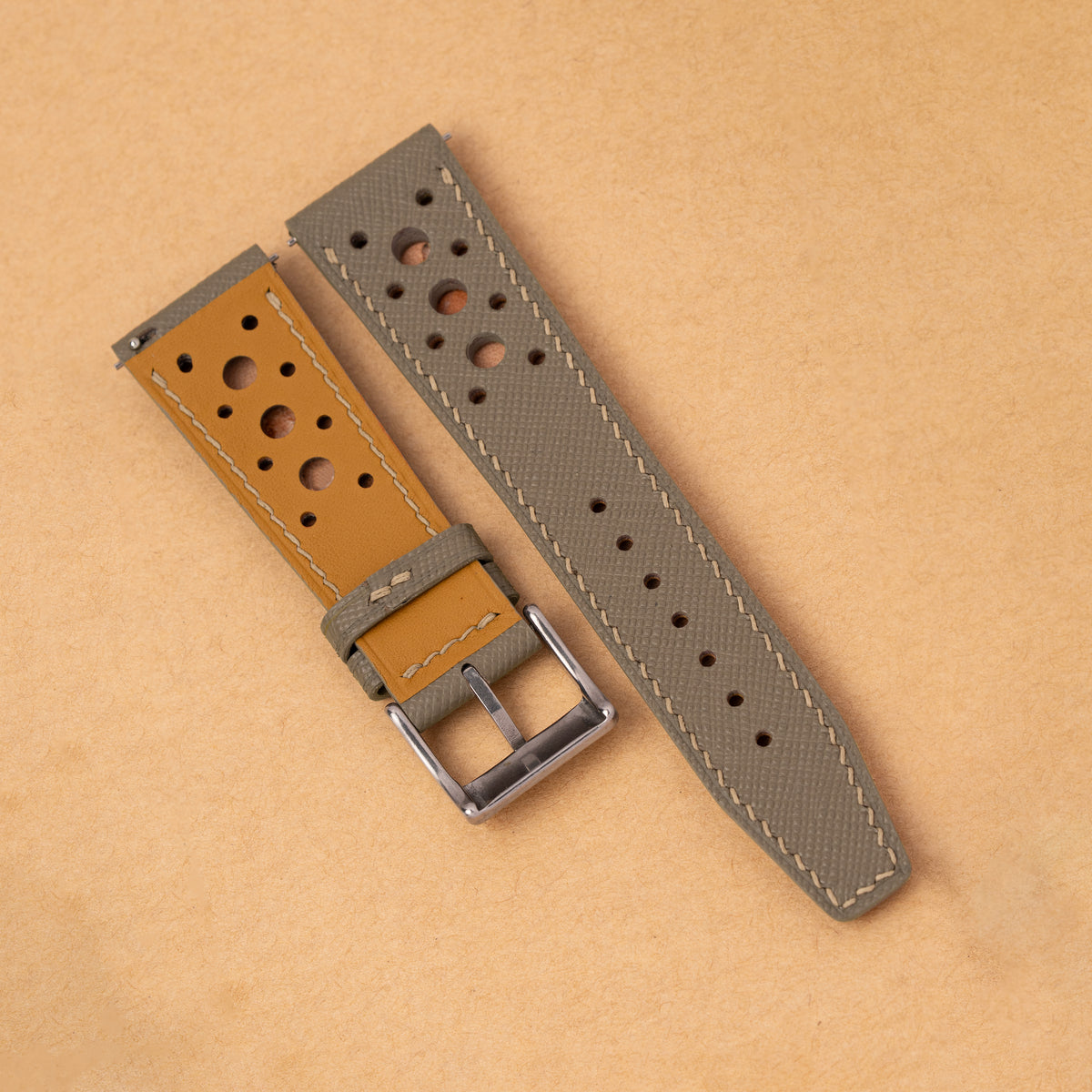 Tan leather lining on the back of the taupe Hybrid Rally Pilot strap