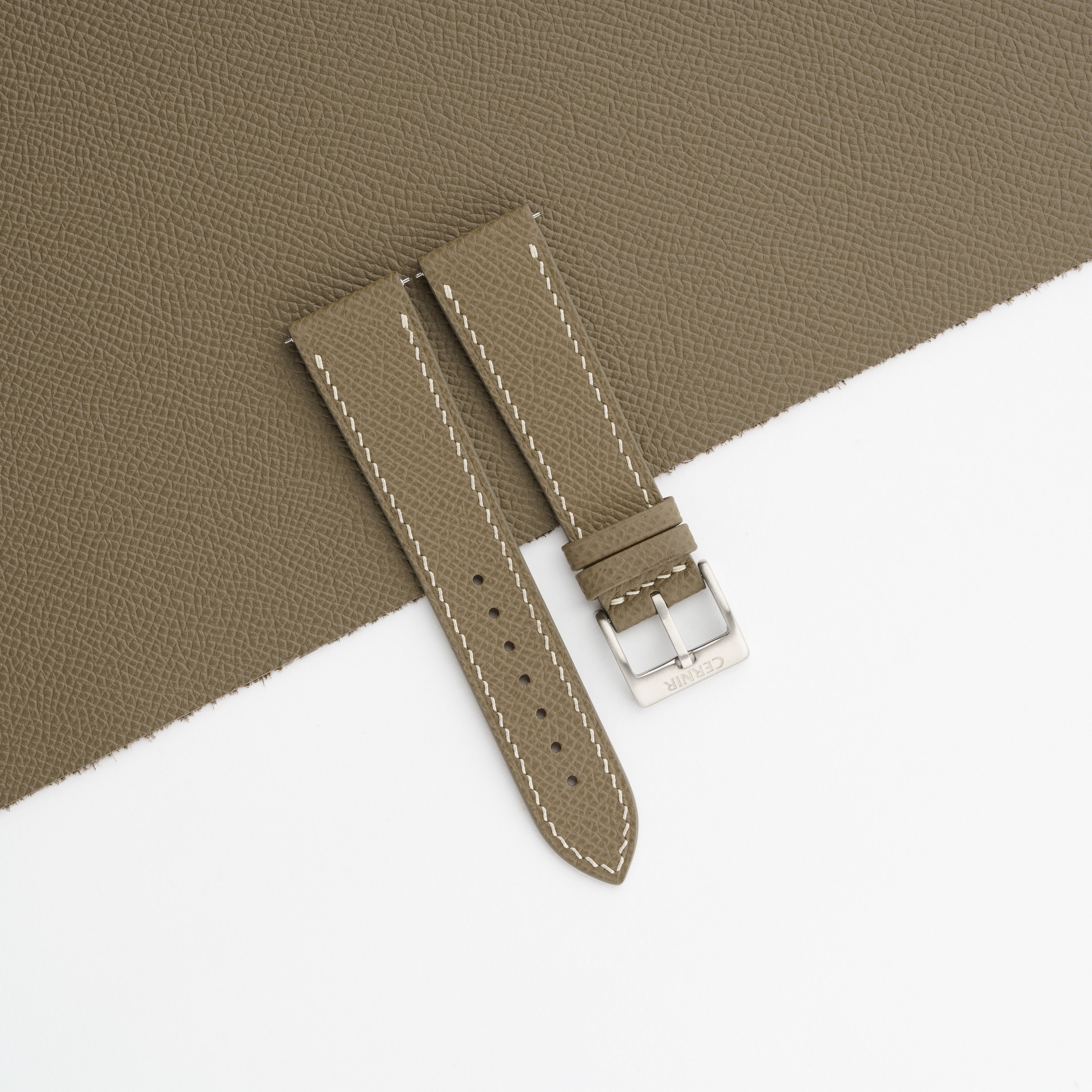 Taupe Epsom Leather Watch Strap - Slim - Cream Stitch