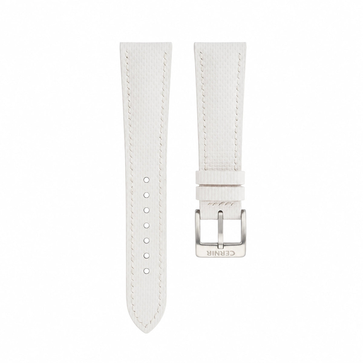 White sailcloth padded watch strap with pale grey stitching and a brushed steel pin buckle
