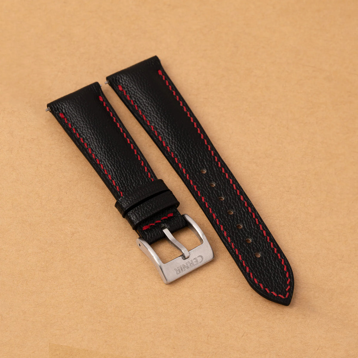 Black Alran Chevre Sully leather padded watch strap with red stitching and a steel pin buckle