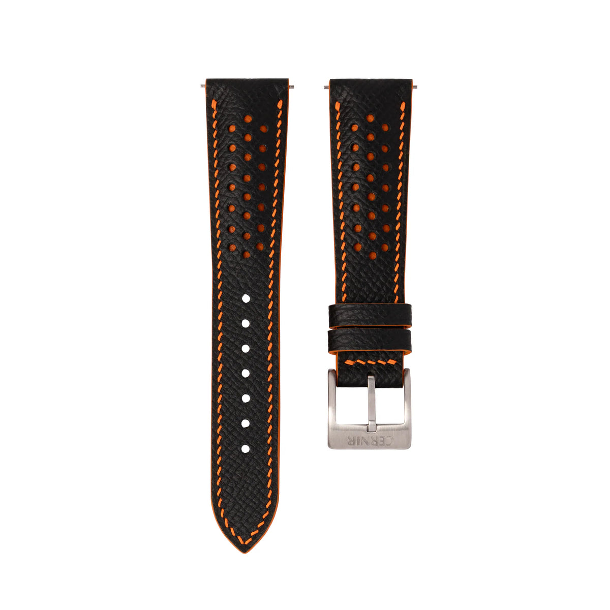 Black Epsom leather Racing Rally watch strap with orange stitching and perforations on a white background