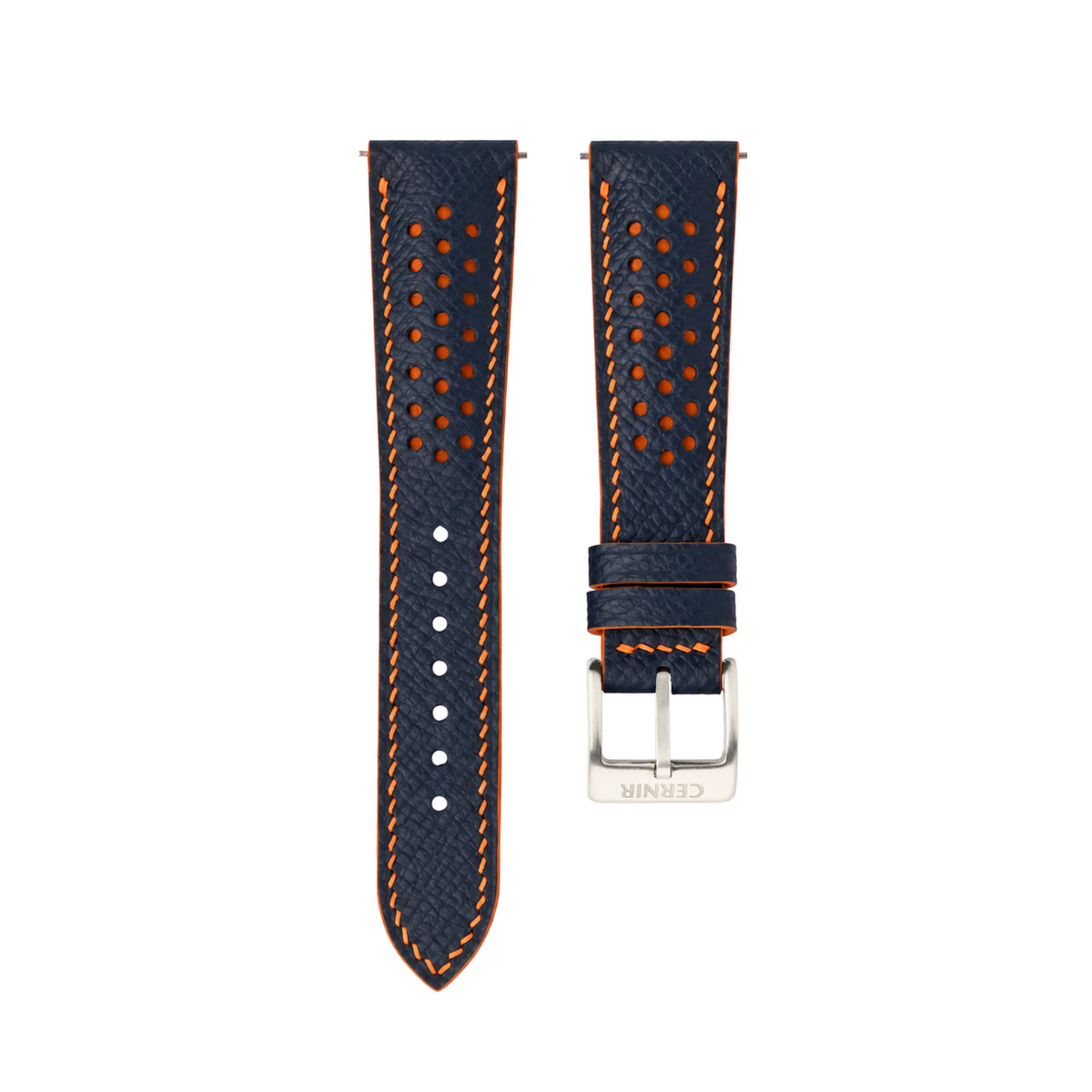 Dark Navy Epsom leather Racing Rally watch strap with orange stitching and perforations on a white background